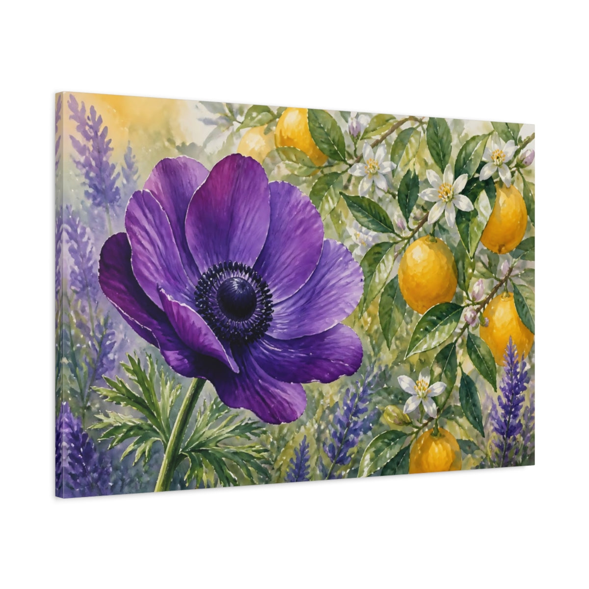 Main Mockup. Floral Purple Anemone Purple Floral Lemon shown as stretched canvas wall art