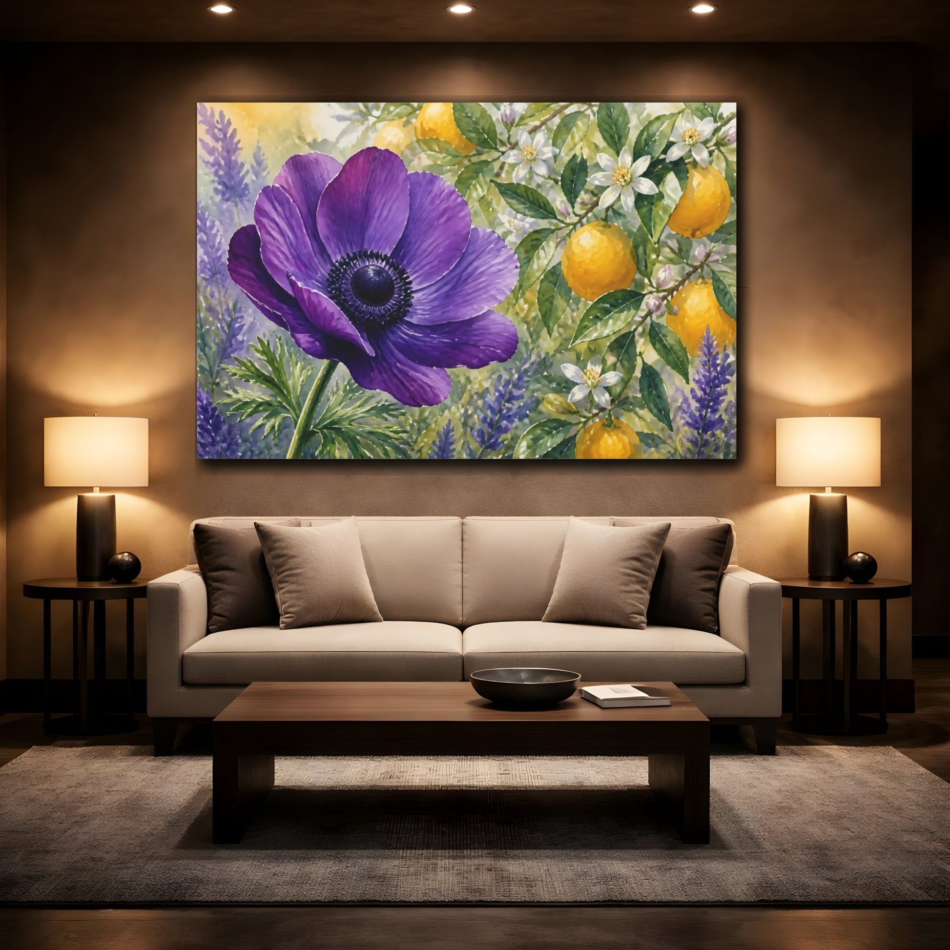 Mockup 2. Floral Purple Anemone Purple Floral Lemon shown as stretched canvas wall art