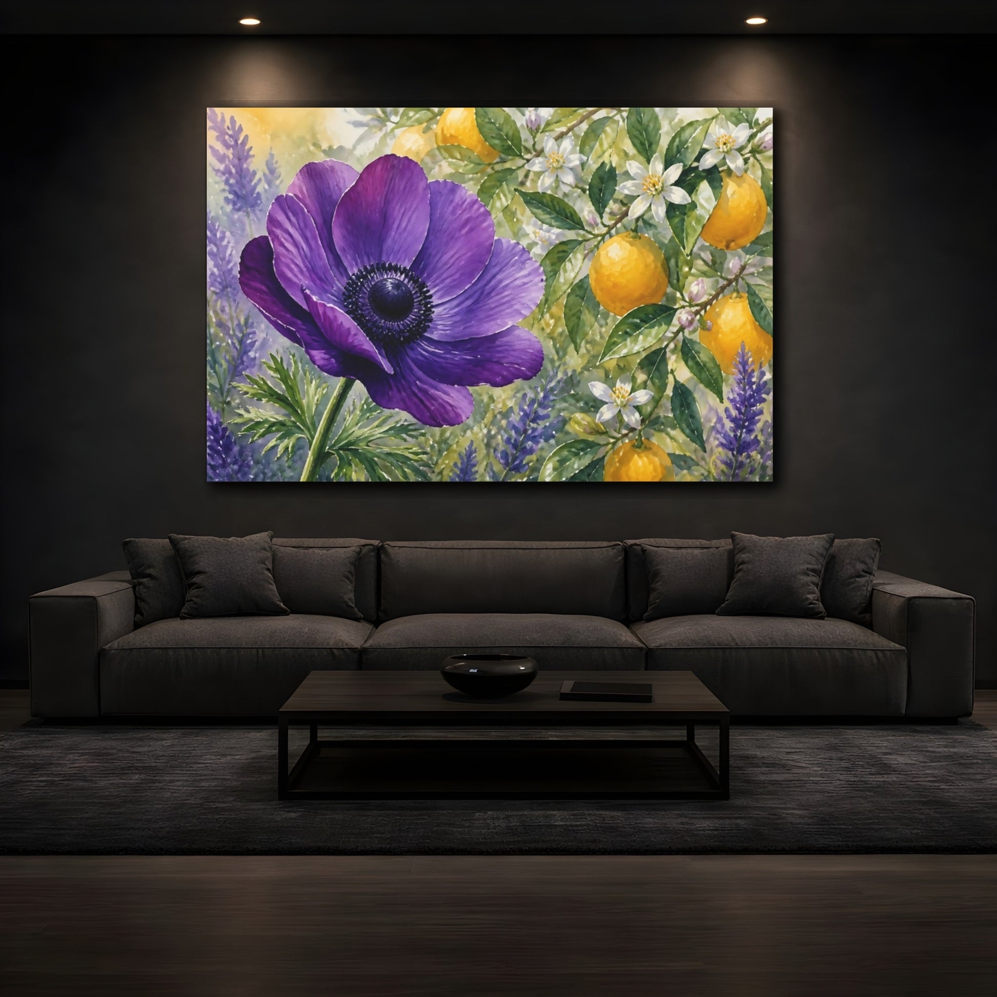Mockup 3. Floral Purple Anemone Purple Floral Lemon shown as stretched canvas wall art