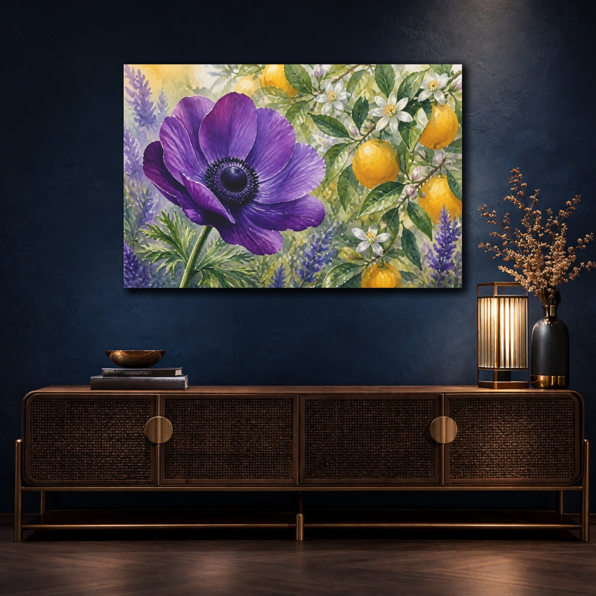 Mockup 4. Floral Purple Anemone Purple Floral Lemon shown as stretched canvas wall art