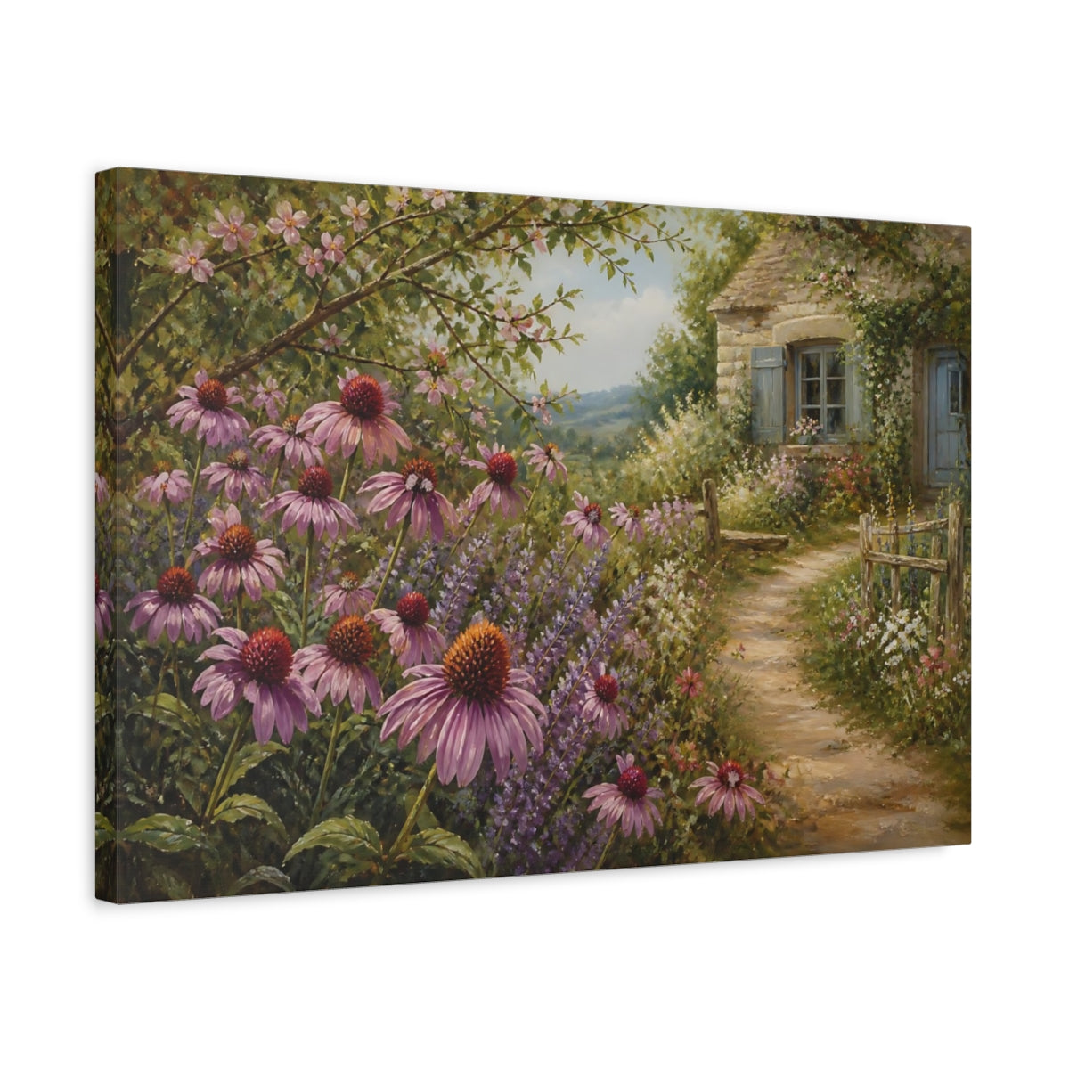 Side Mockup 3. Floral Purple Coneflowers Purple Garden Cottage shown as stretched canvas wall art
