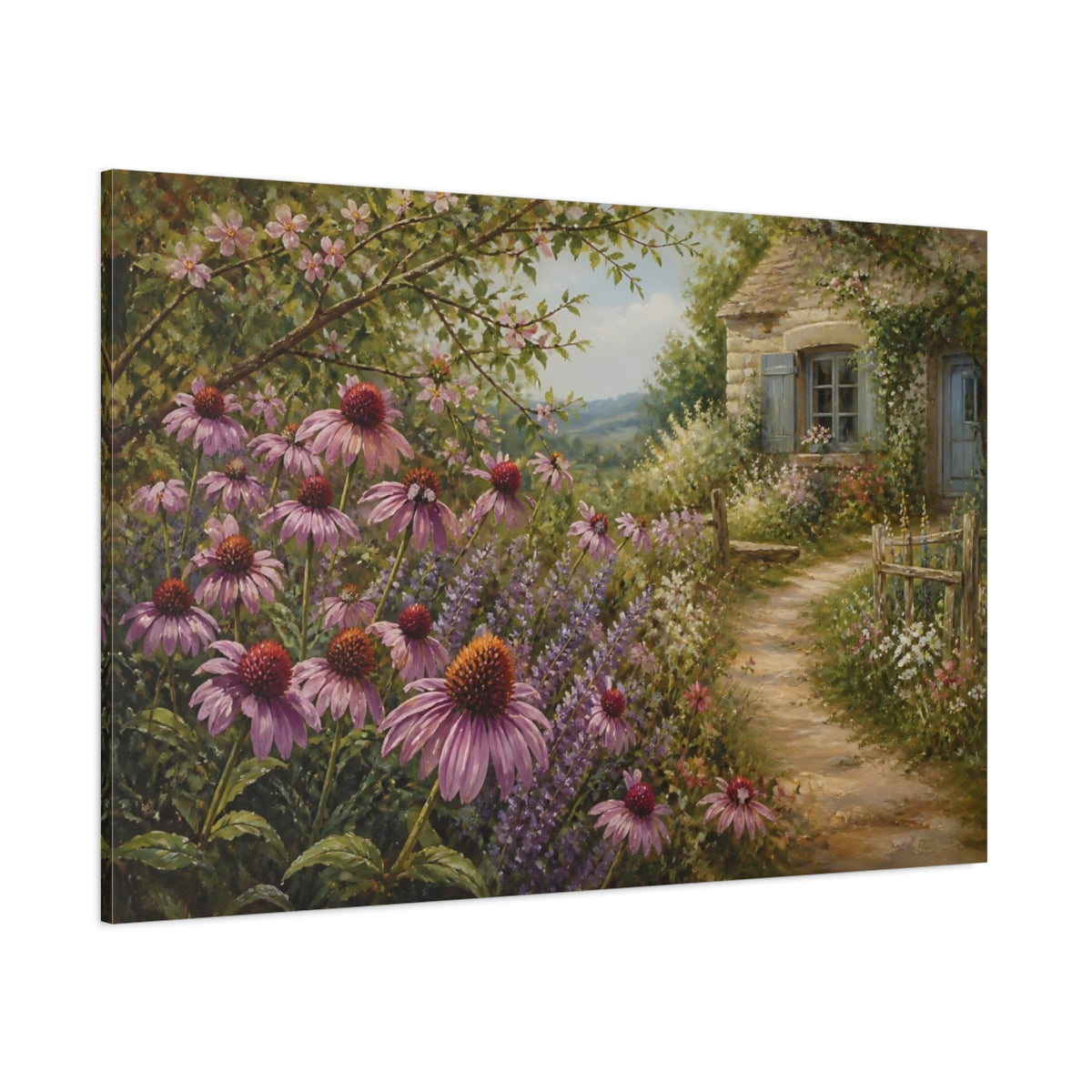 Side Mockup 1. Floral Purple Coneflowers Purple Garden Cottage shown as stretched canvas wall art