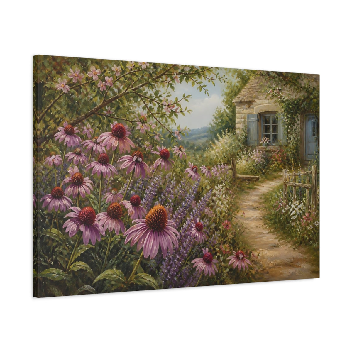 Main Mockup. Floral Purple Coneflowers Purple Garden Cottage shown as stretched canvas wall art