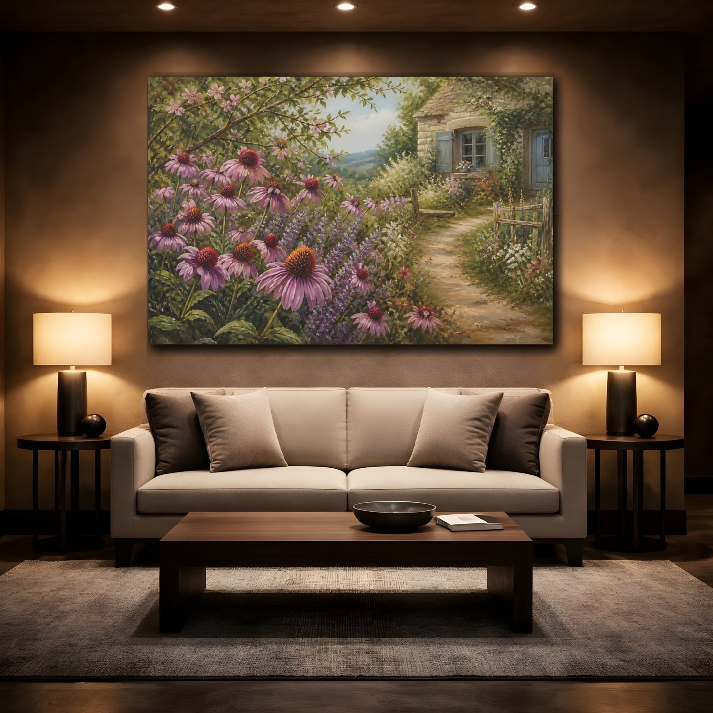 Mockup 2. Floral Purple Coneflowers Purple Garden Cottage shown as stretched canvas wall art