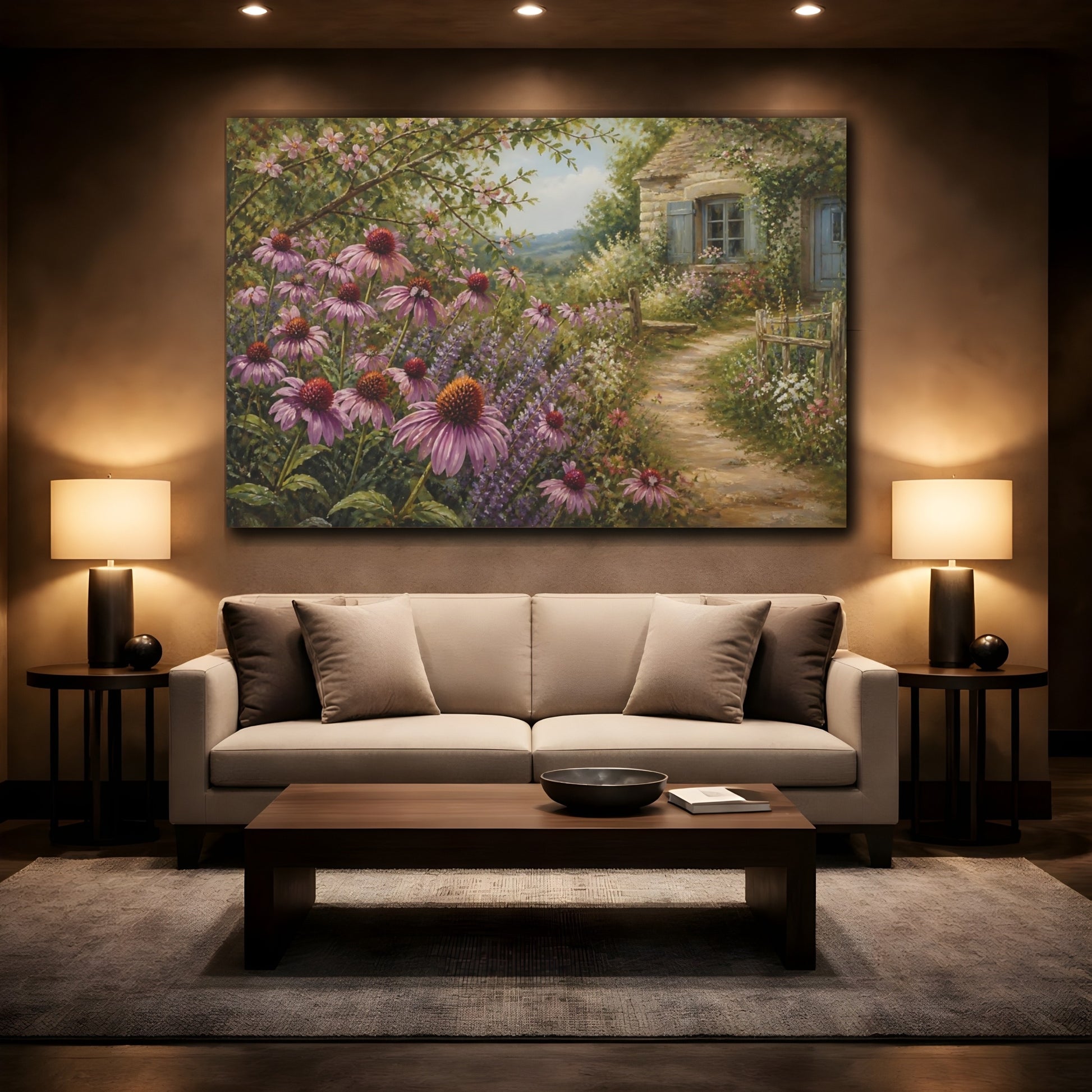 Mockup 2. Floral Purple Coneflowers Purple Garden Cottage shown as stretched canvas wall art