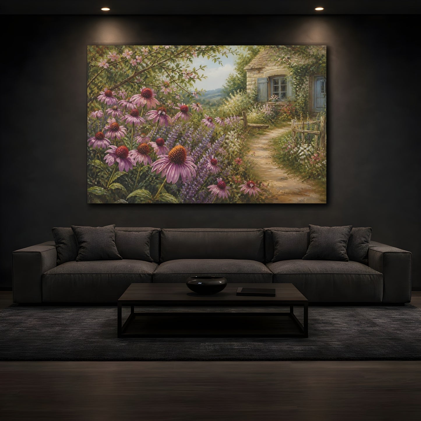 Mockup 3. Floral Purple Coneflowers Purple Garden Cottage shown as stretched canvas wall art