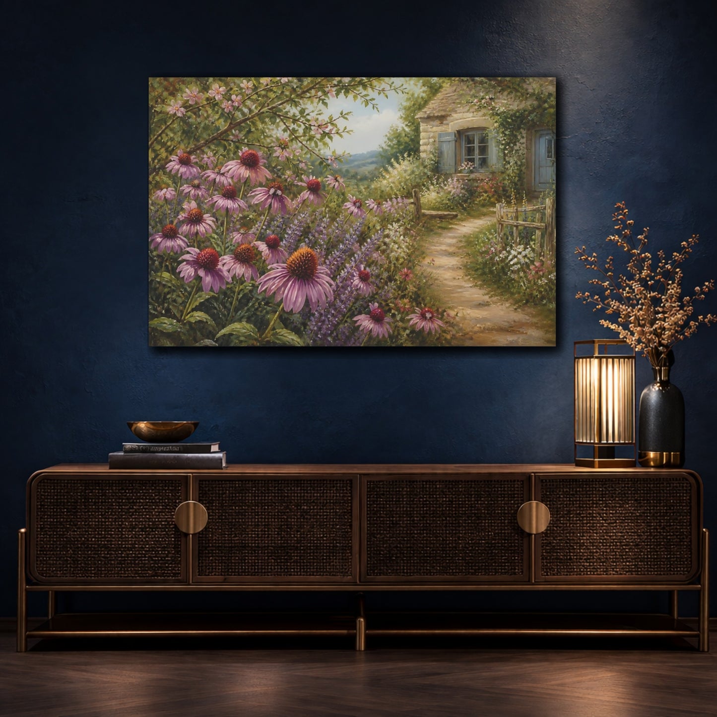 Mockup 4. Floral Purple Coneflowers Purple Garden Cottage shown as stretched canvas wall art