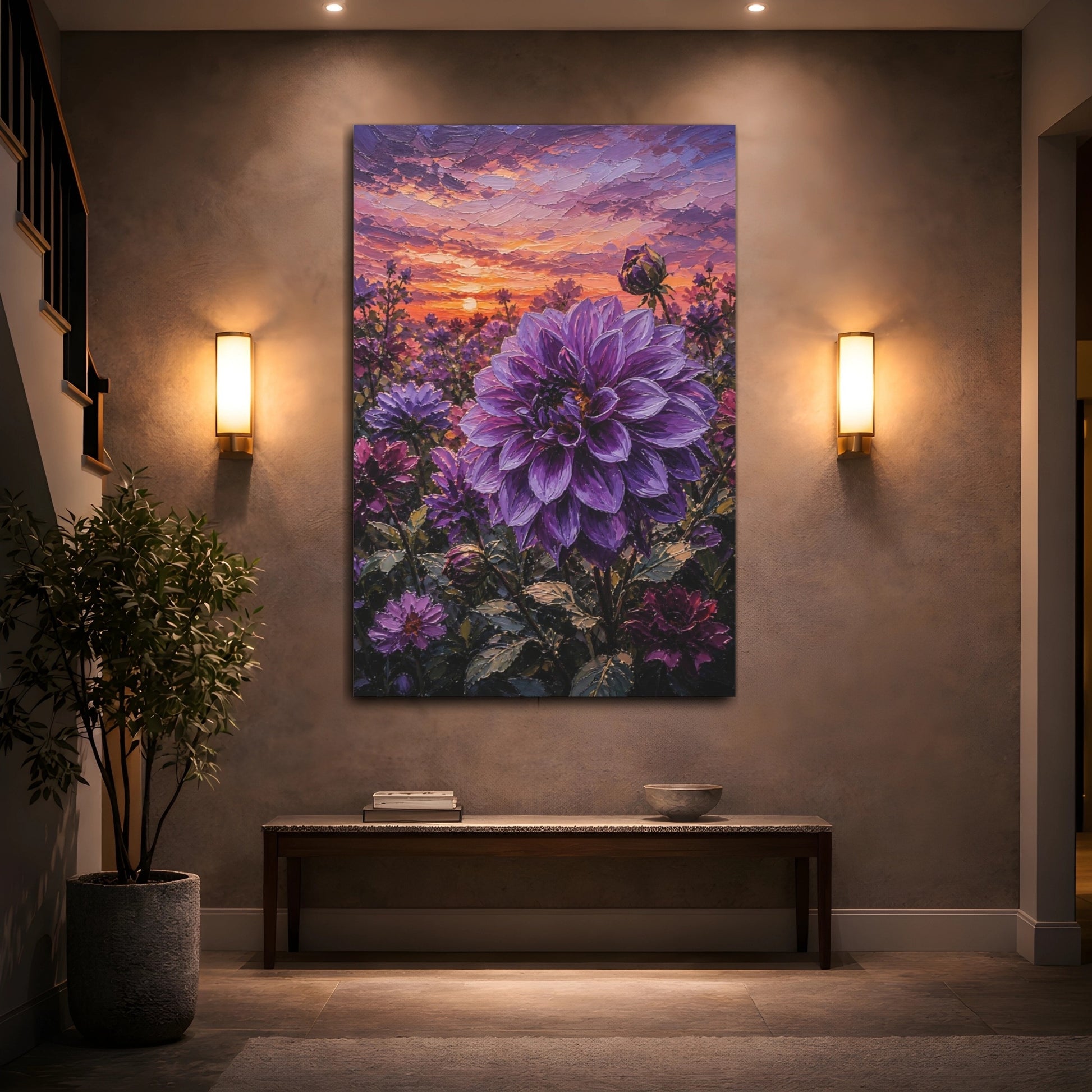 Mockup 2. Floral Purple Dahlia Purple Dahlia Sunset shown as stretched canvas wall art