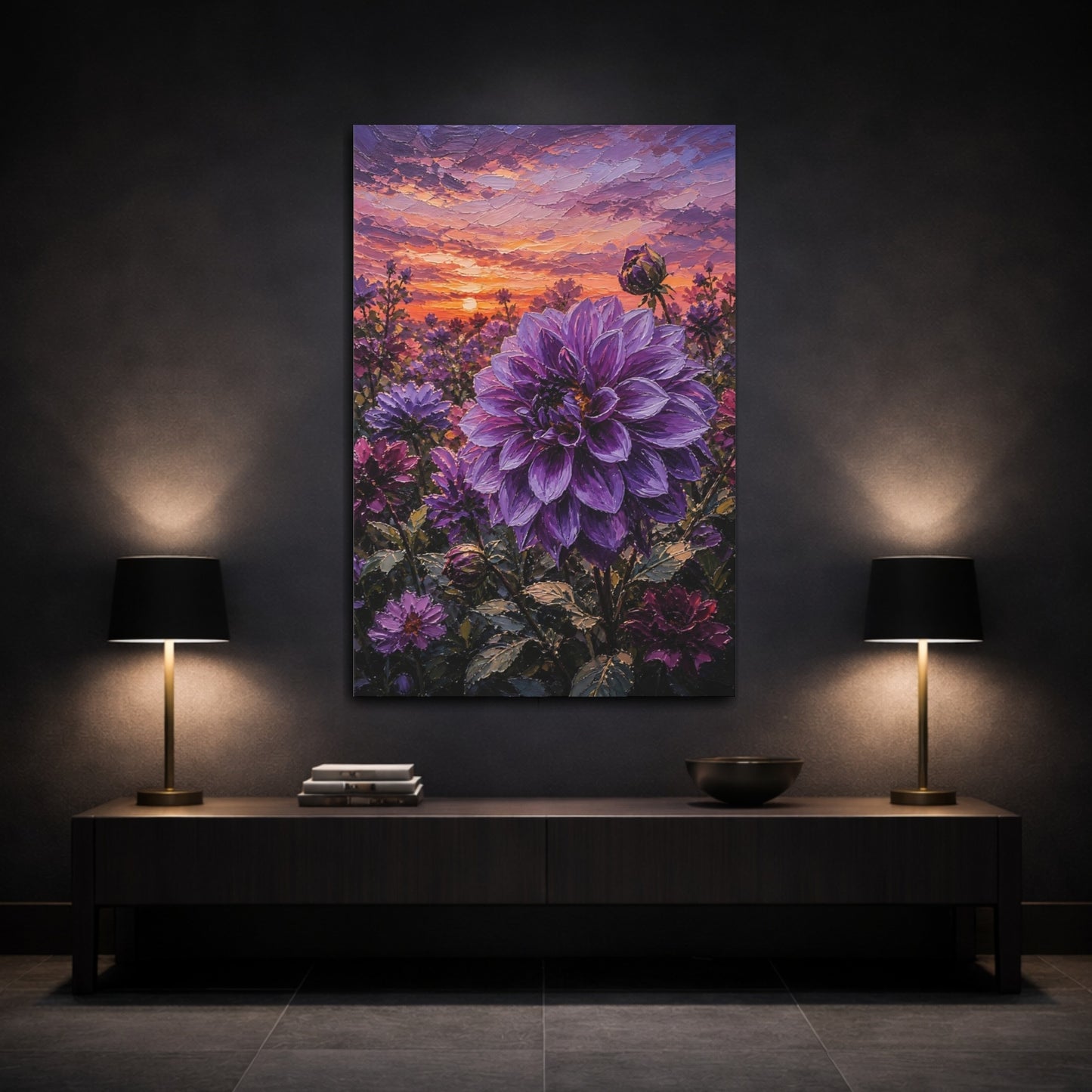 Mockup 3. Floral Purple Dahlia Purple Dahlia Sunset shown as stretched canvas wall art