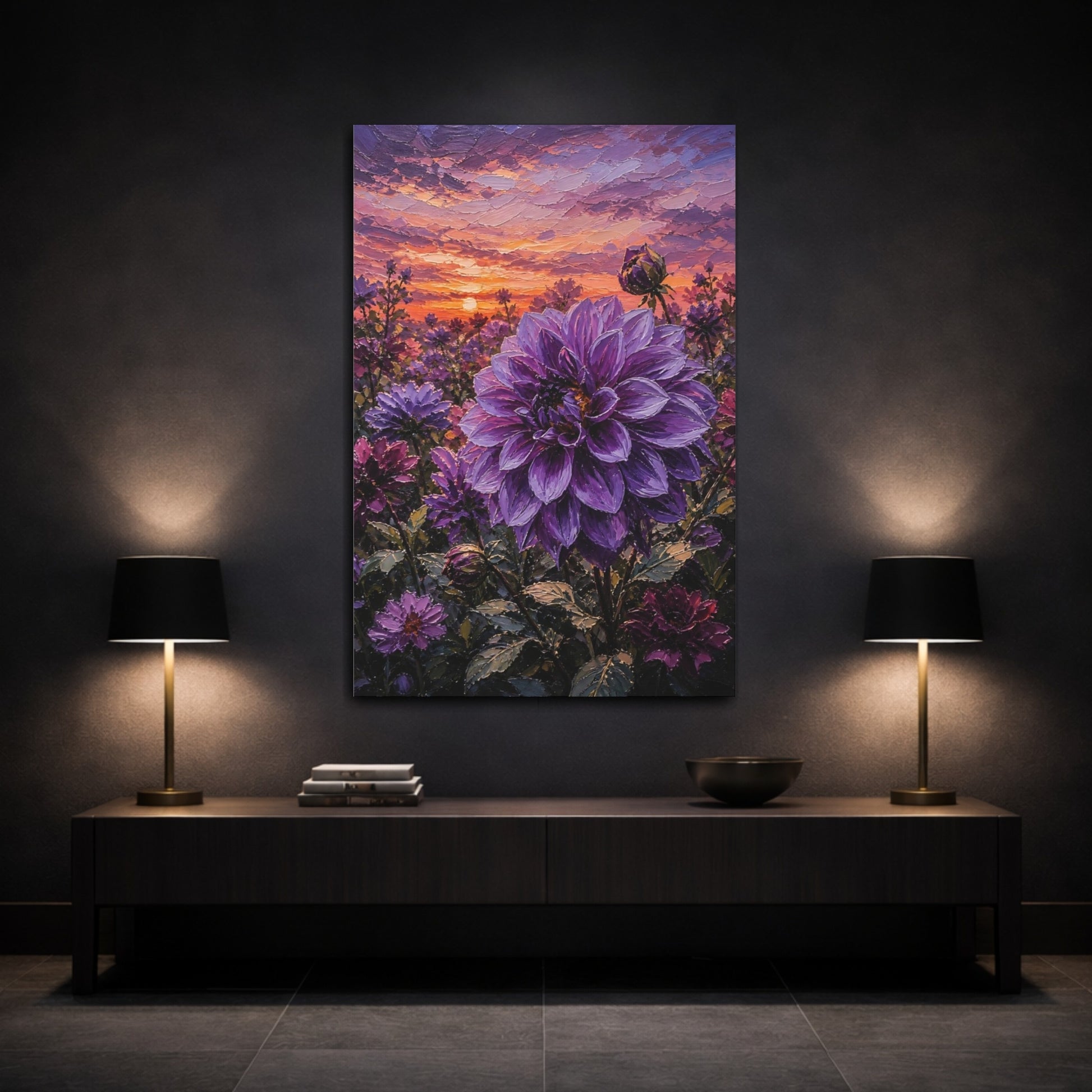 Mockup 3. Floral Purple Dahlia Purple Dahlia Sunset shown as stretched canvas wall art