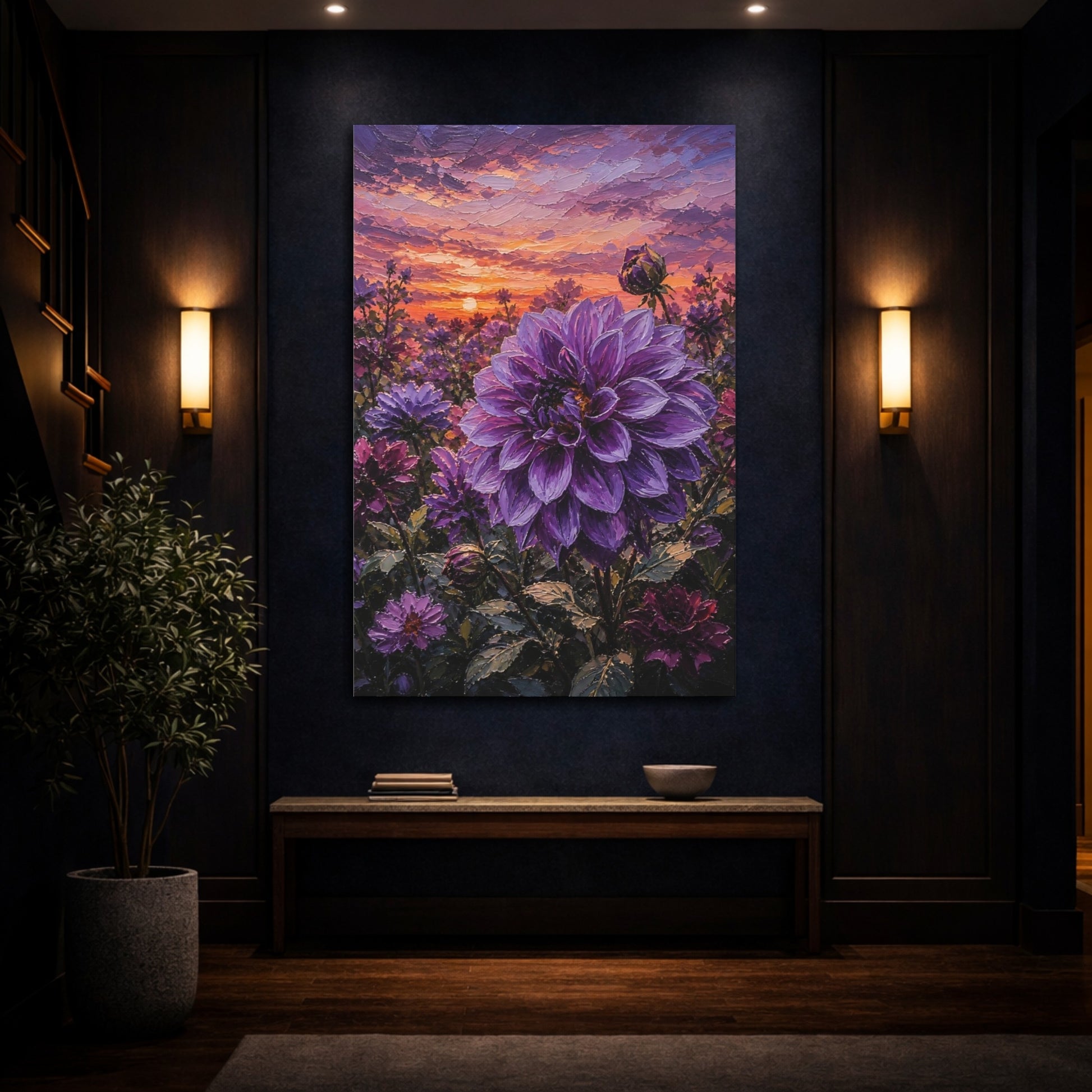 Mockup 4. Floral Purple Dahlia Purple Dahlia Sunset shown as stretched canvas wall art