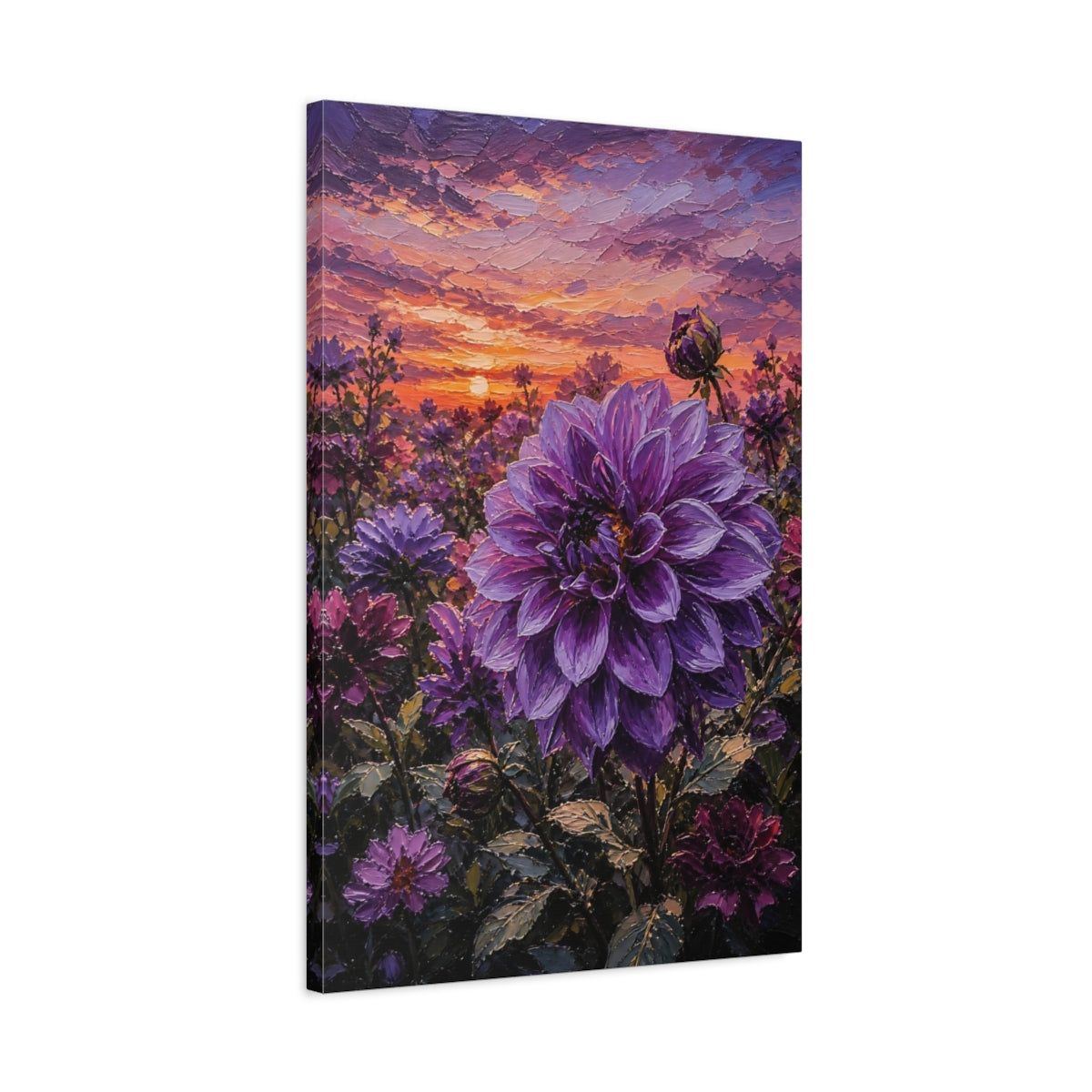 Side Mockup 2. Floral Purple Dahlia Purple Dahlia Sunset shown as stretched canvas wall art