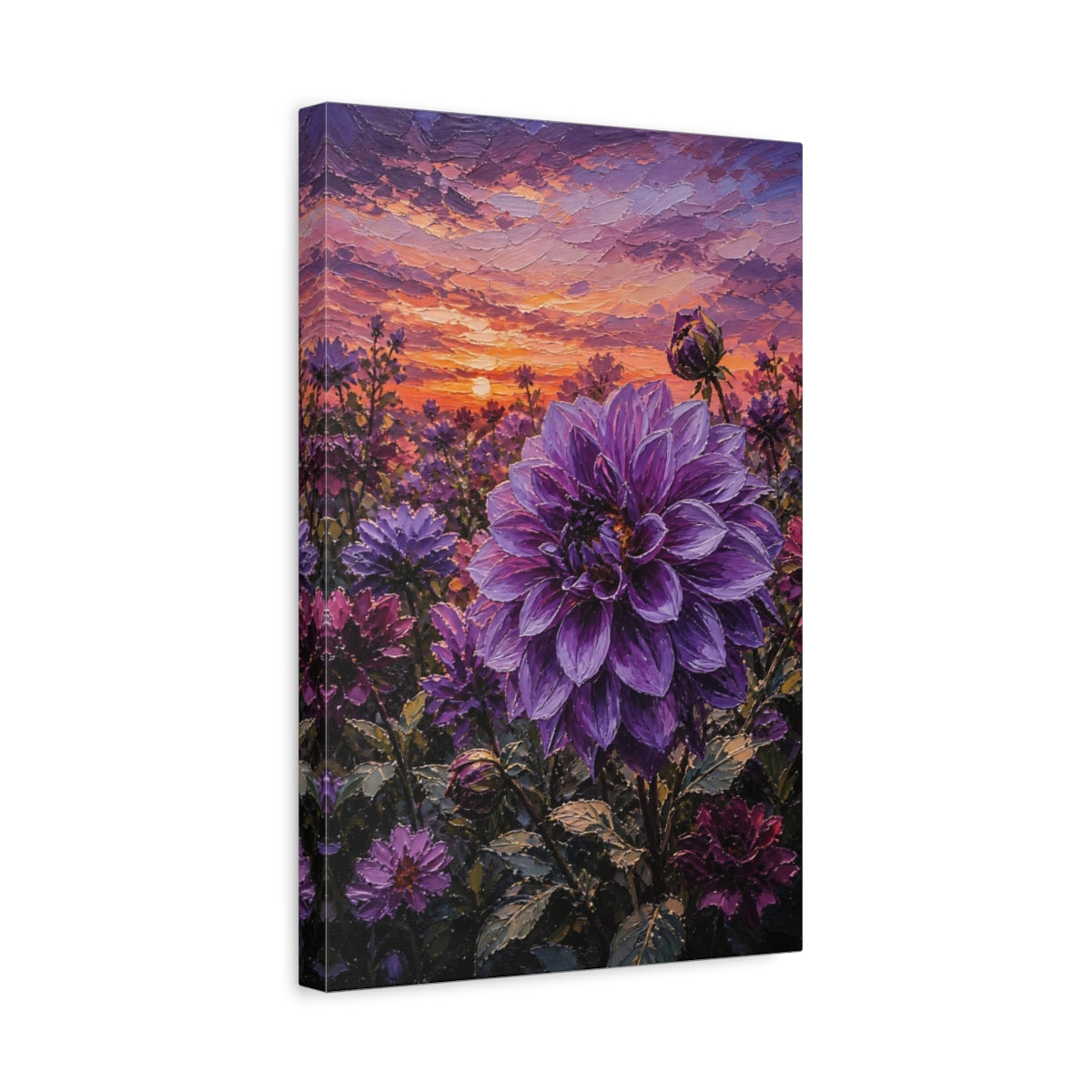 Side Mockup 4. Floral Purple Dahlia Purple Dahlia Sunset shown as stretched canvas wall art