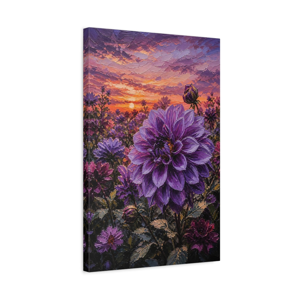 Side Mockup 3. Floral Purple Dahlia Purple Dahlia Sunset shown as stretched canvas wall art