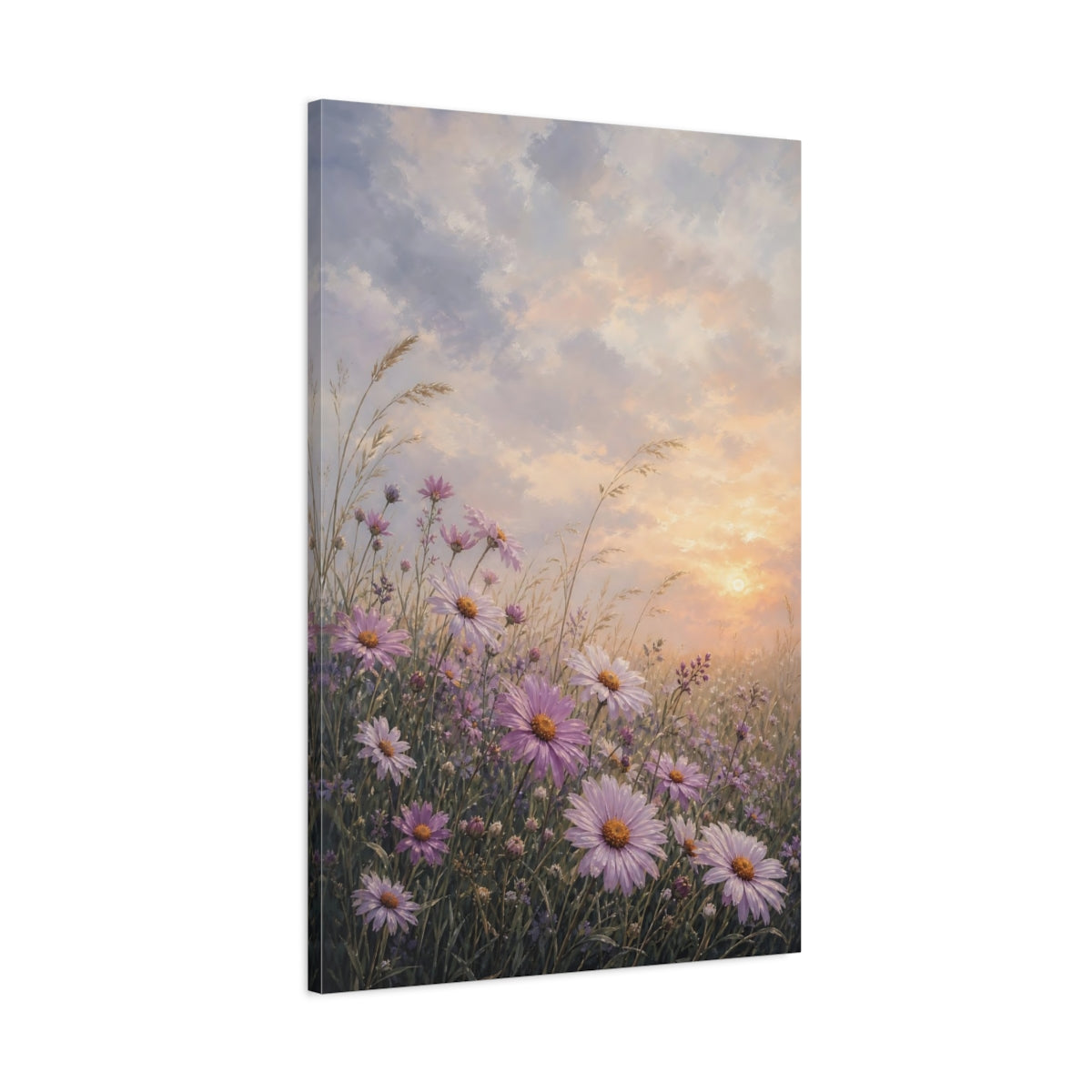 Main Mockup. Floral Purple Daisies Purple Sunset Meadow shown as stretched canvas wall art
