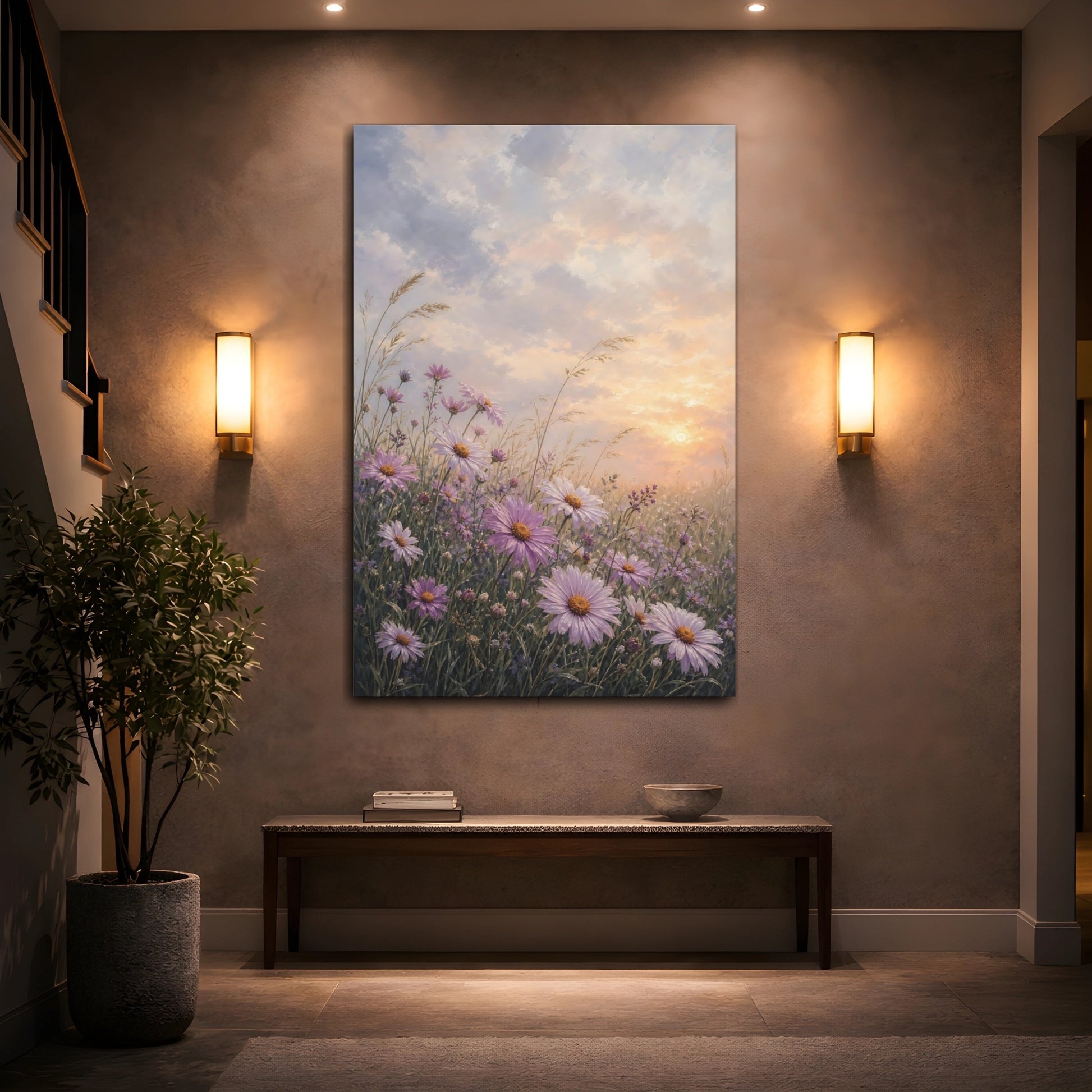 Mockup 2. Floral Purple Daisies Purple Sunset Meadow shown as stretched canvas wall art