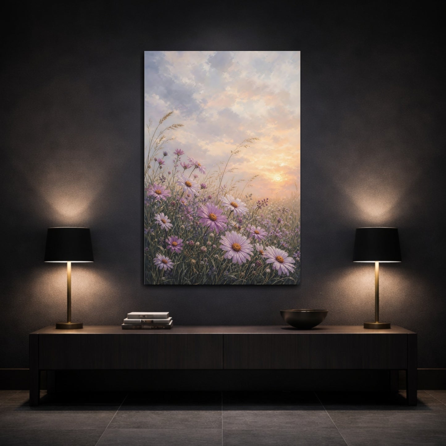 Mockup 3. Floral Purple Daisies Purple Sunset Meadow shown as stretched canvas wall art