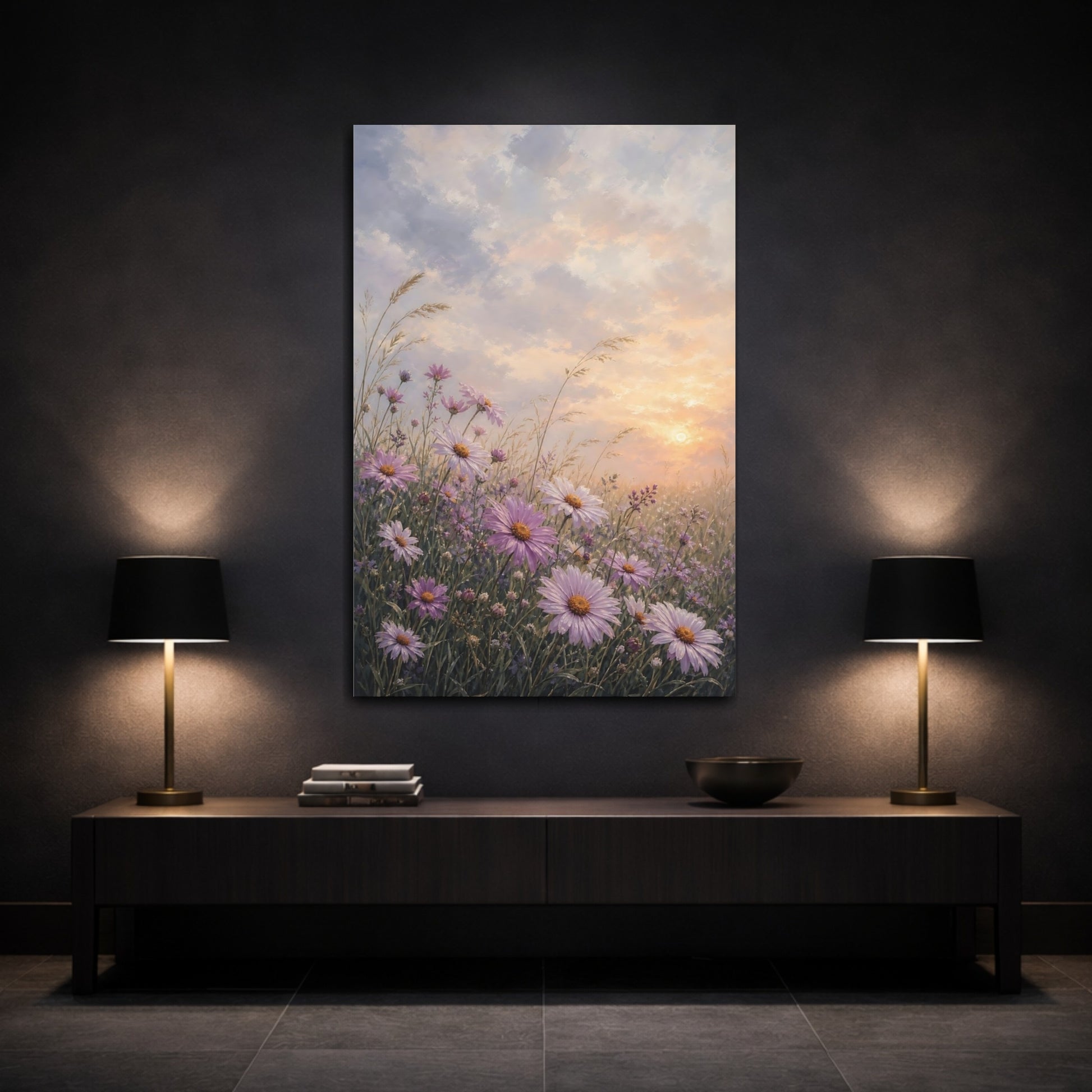 Mockup 3. Floral Purple Daisies Purple Sunset Meadow shown as stretched canvas wall art