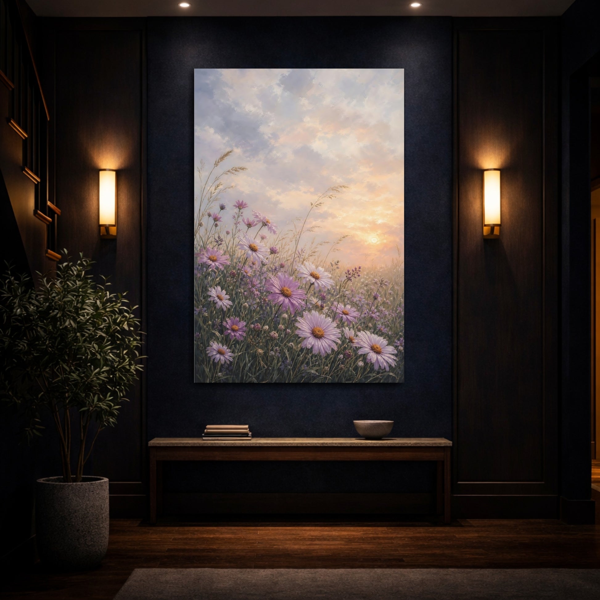 Mockup 4. Floral Purple Daisies Purple Sunset Meadow shown as stretched canvas wall art