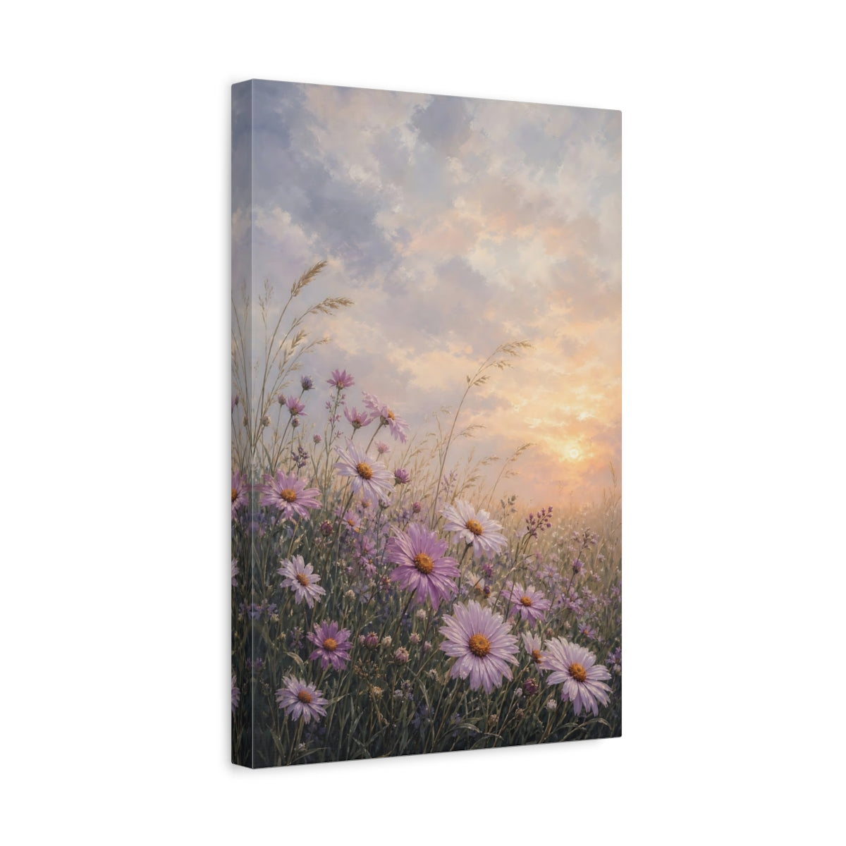 Side Mockup 4. Floral Purple Daisies Purple Sunset Meadow shown as stretched canvas wall art