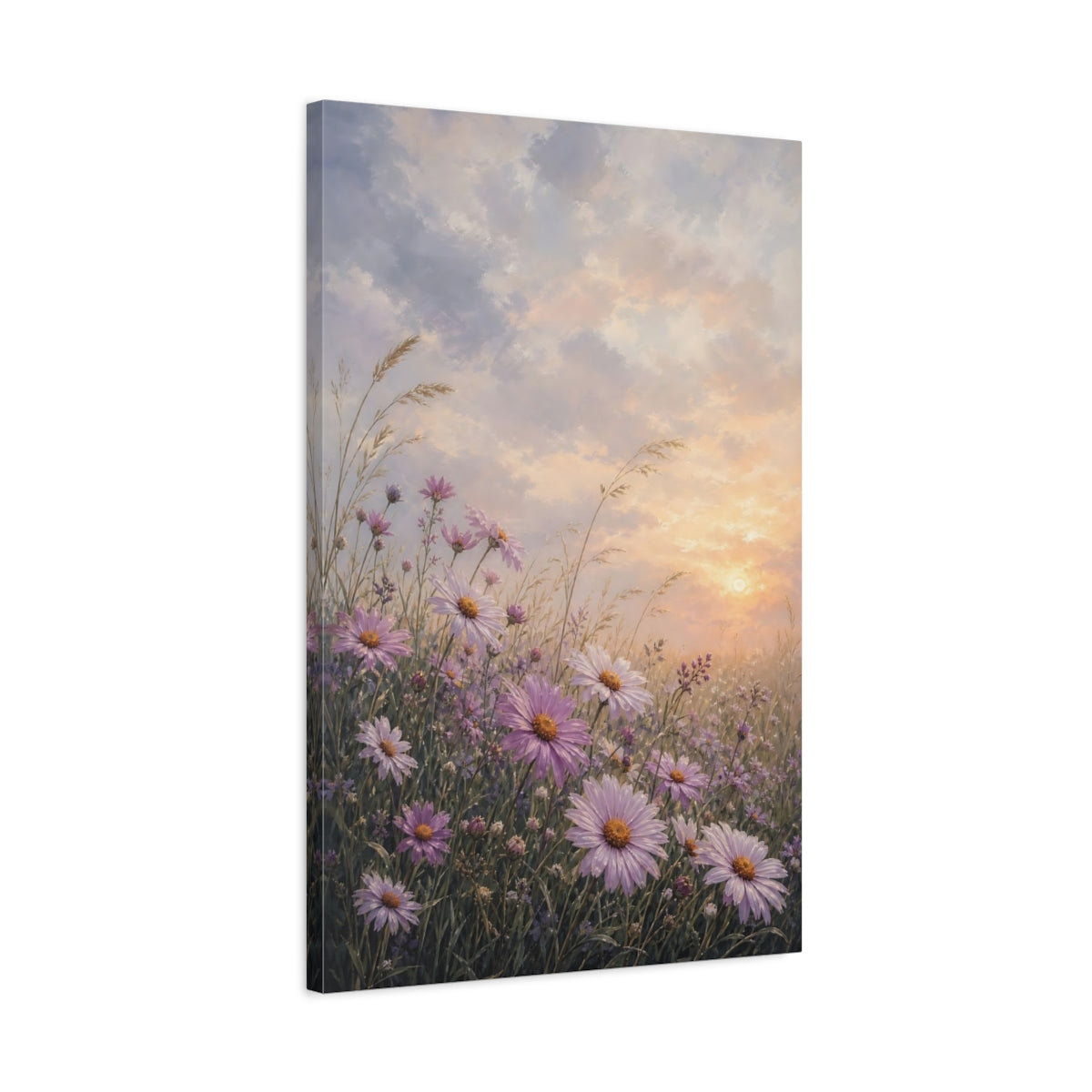 Side Mockup 2. Floral Purple Daisies Purple Sunset Meadow shown as stretched canvas wall art