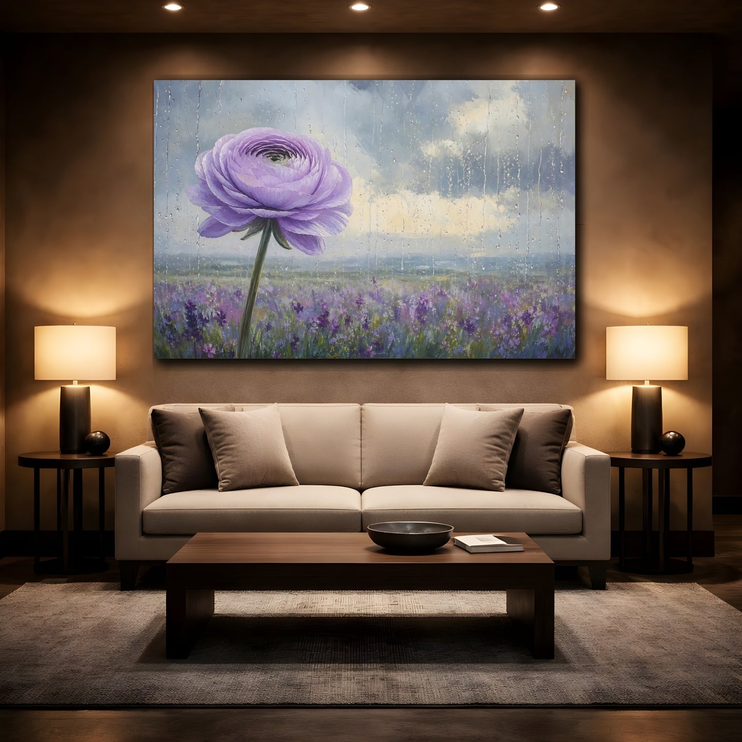 Mockup 2. Floral Purple Flower Purple Floral Rainy shown as stretched canvas wall art