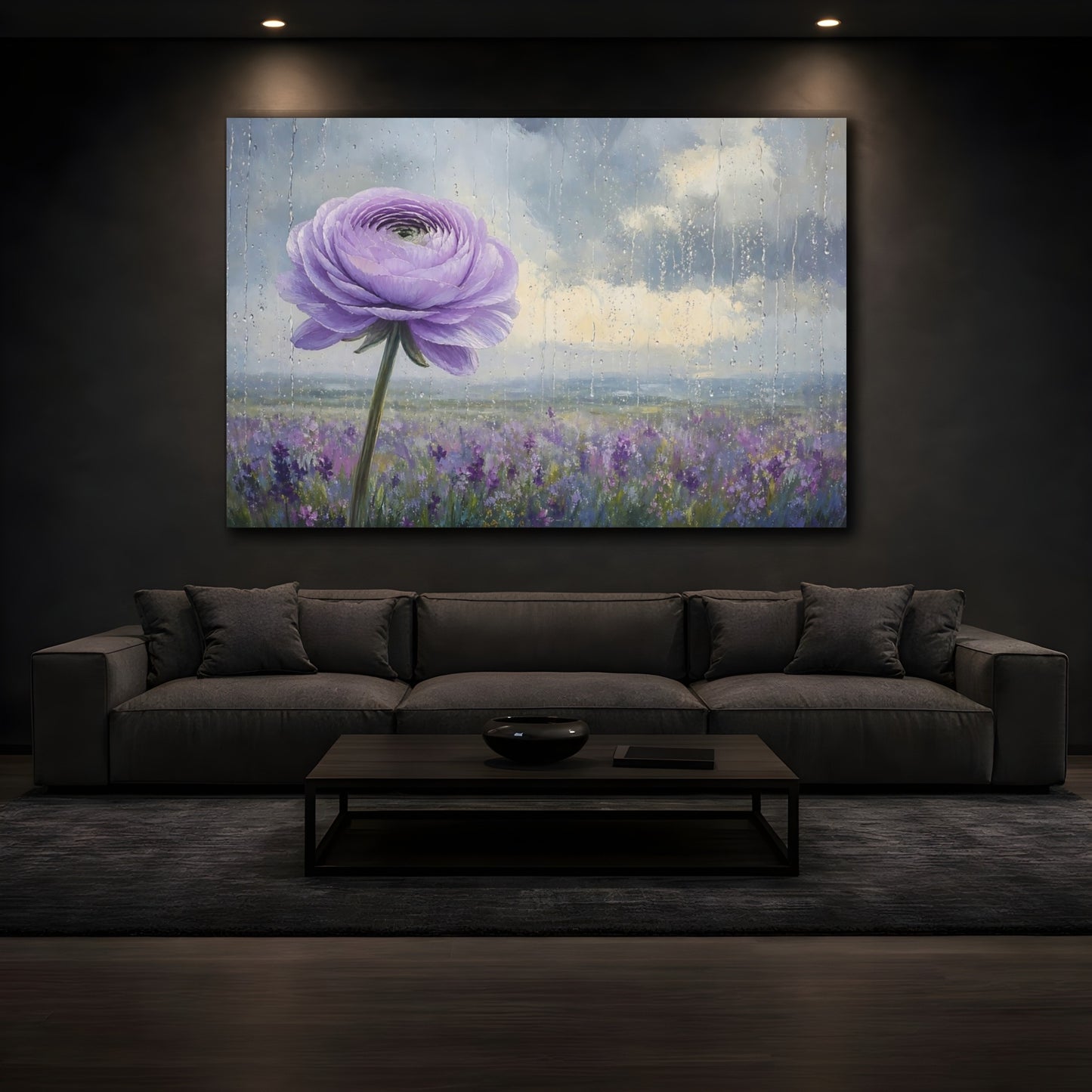 Mockup 3. Floral Purple Flower Purple Floral Rainy shown as stretched canvas wall art