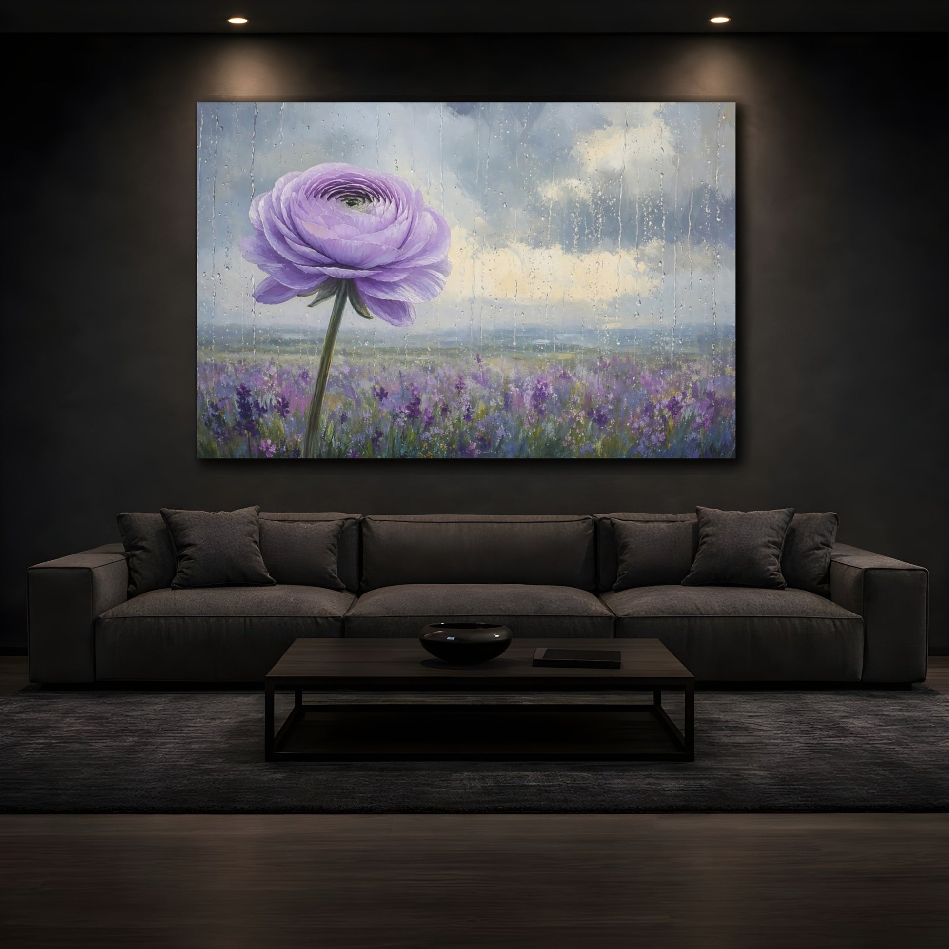 Mockup 3. Floral Purple Flower Purple Floral Rainy shown as stretched canvas wall art