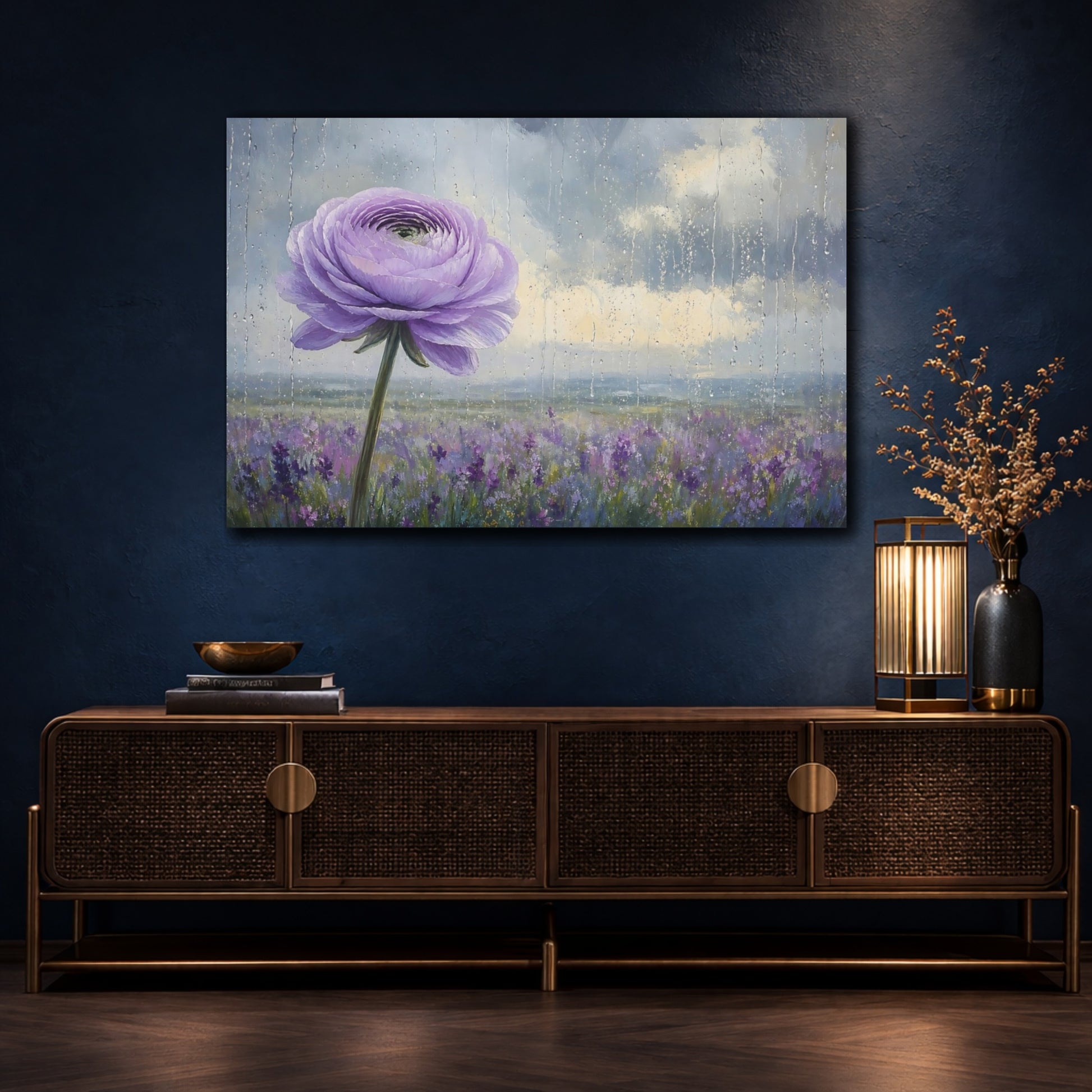 Mockup 4. Floral Purple Flower Purple Floral Rainy shown as stretched canvas wall art