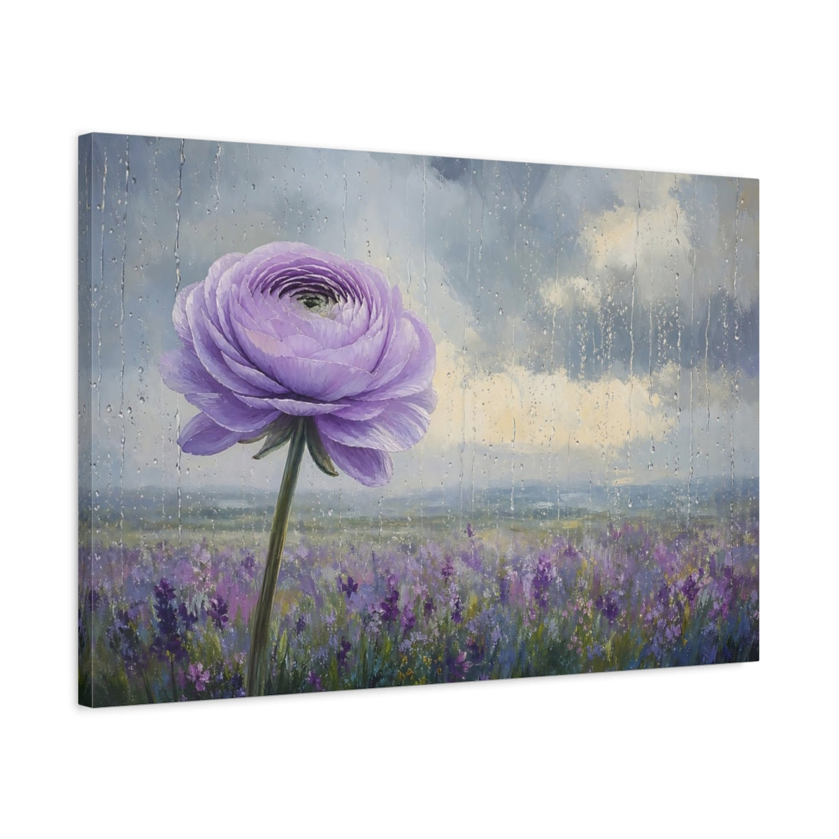Side Mockup 2. Floral Purple Flower Purple Floral Rainy shown as stretched canvas wall art