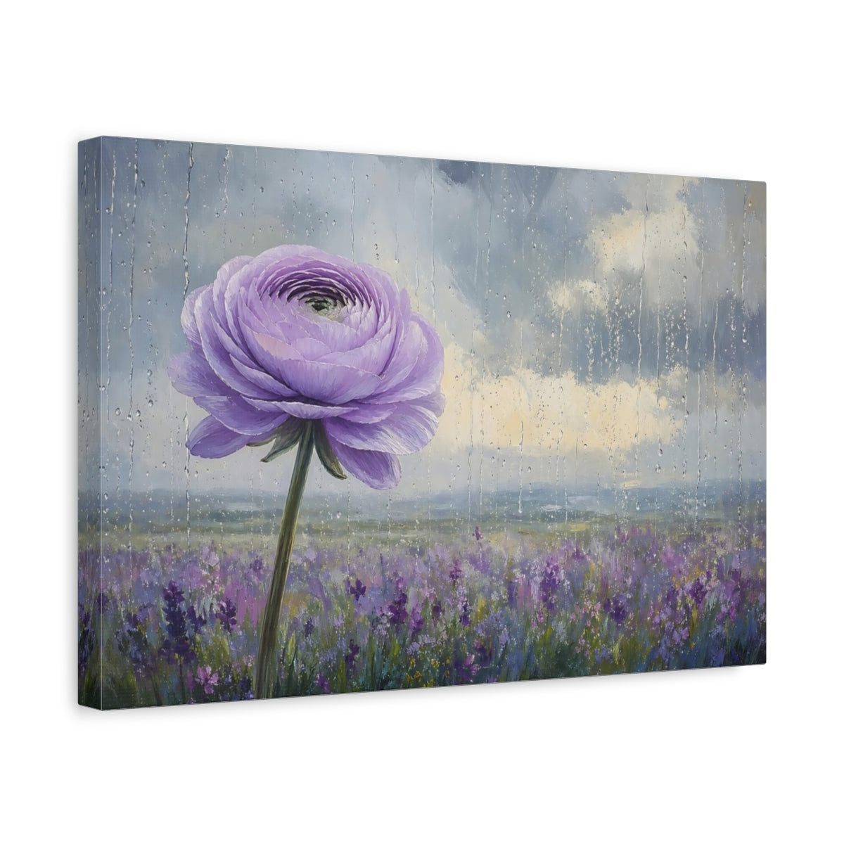 Side Mockup 4. Floral Purple Flower Purple Floral Rainy shown as stretched canvas wall art