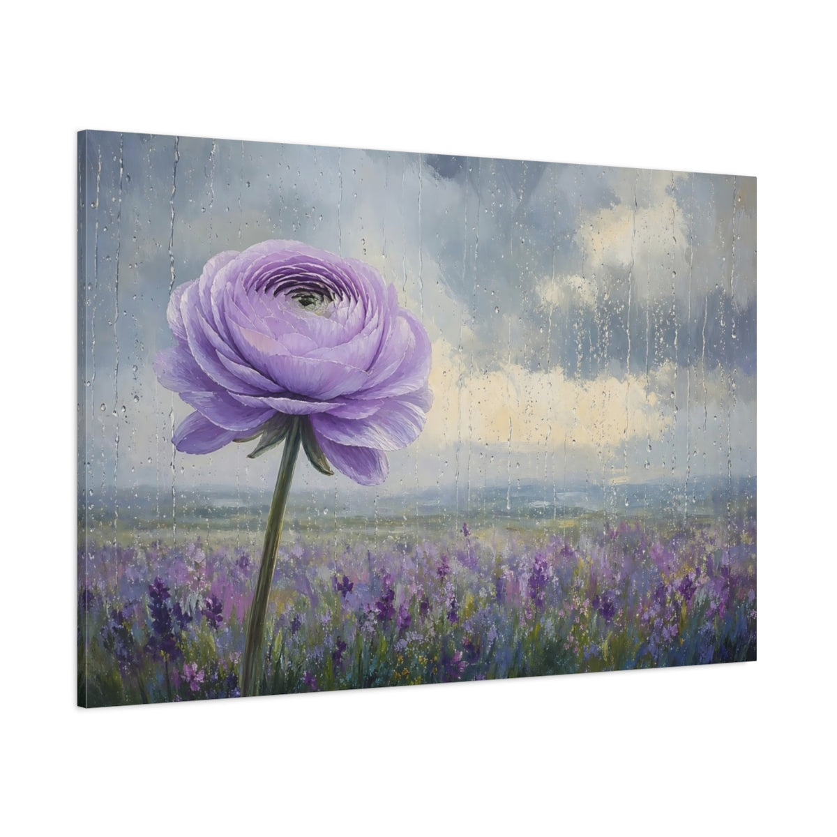 Side Mockup 1. Floral Purple Flower Purple Floral Rainy shown as stretched canvas wall art