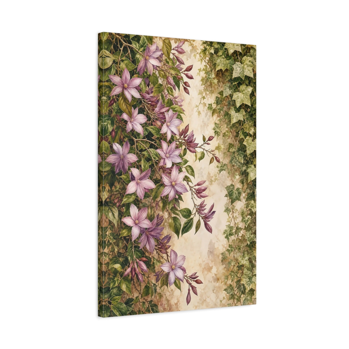 Side Mockup 2. Floral Purple Flowers Purple And Green shown as stretched canvas wall art
