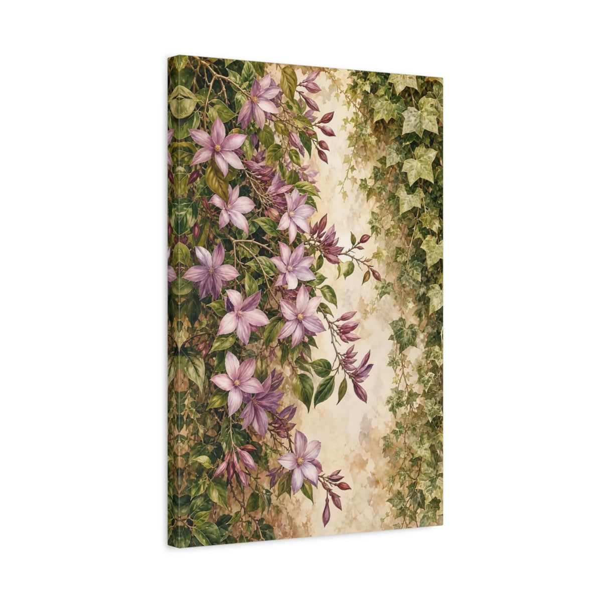 Side Mockup 3. Floral Purple Flowers Purple And Green shown as stretched canvas wall art