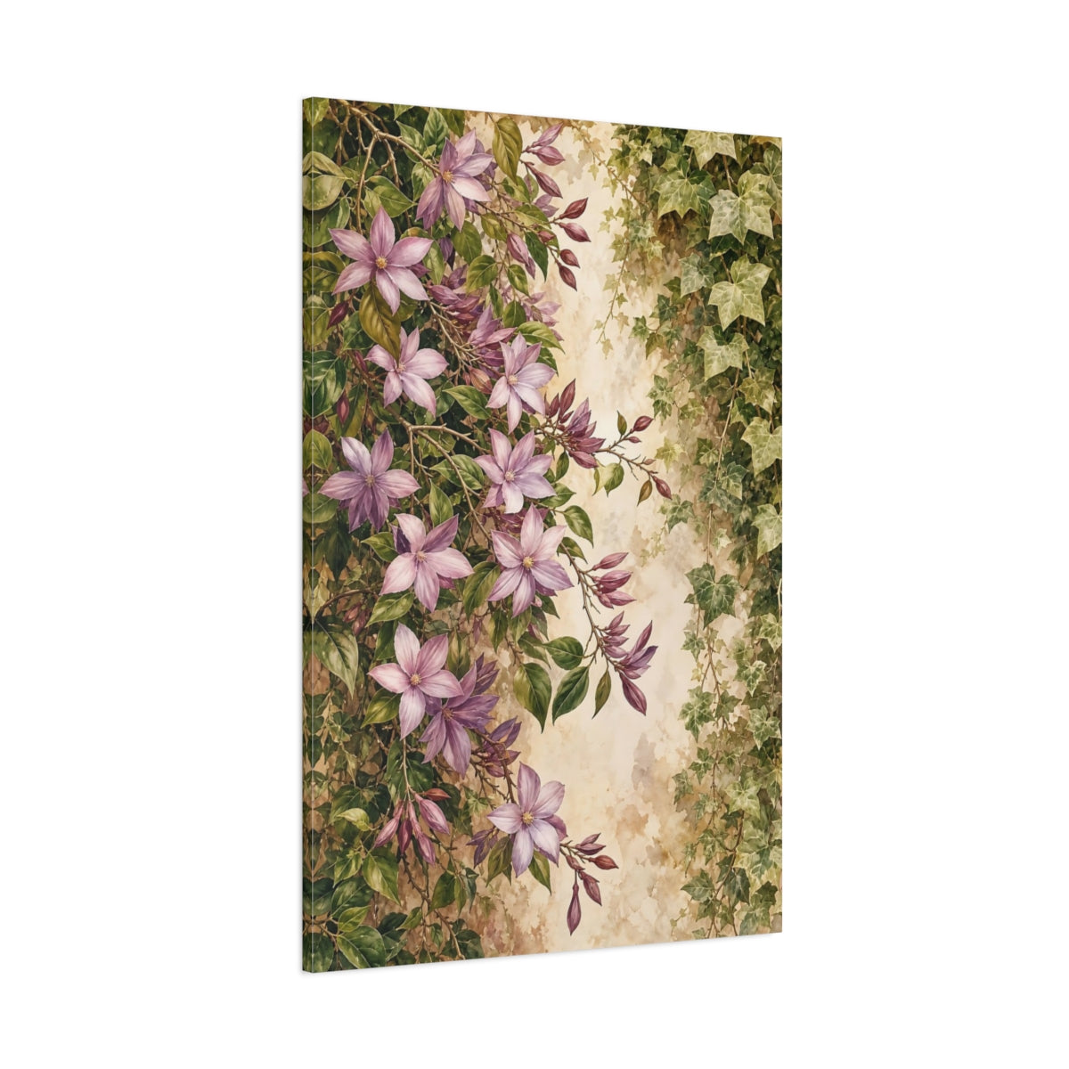 Side Mockup 1. Floral Purple Flowers Purple And Green shown as stretched canvas wall art