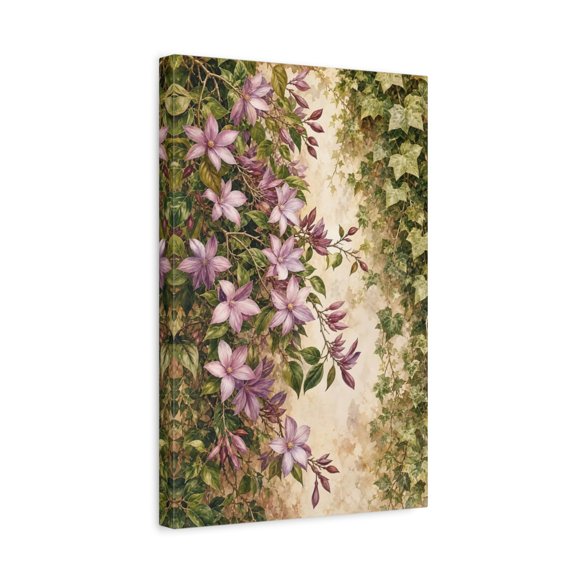 Side Mockup 4. Floral Purple Flowers Purple And Green shown as stretched canvas wall art