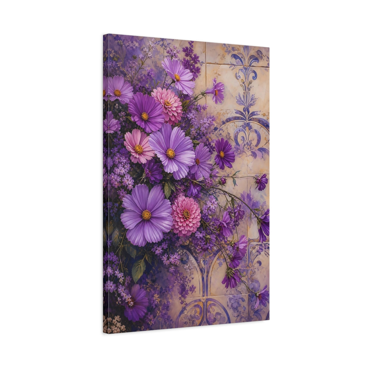 Side Mockup 2. Floral Purple Flowers Purple Floral shown as stretched canvas wall art