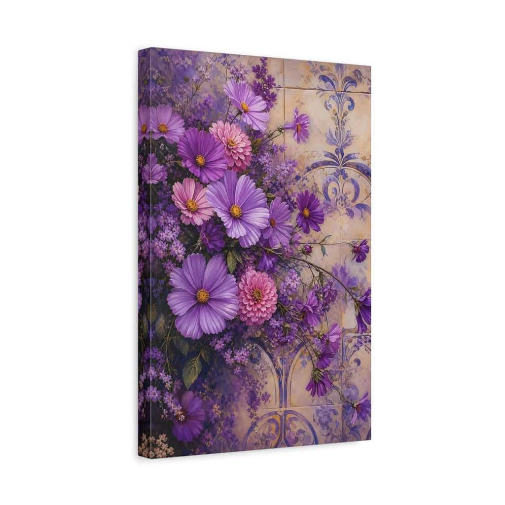 Side Mockup 4. Floral Purple Flowers Purple Floral shown as stretched canvas wall art