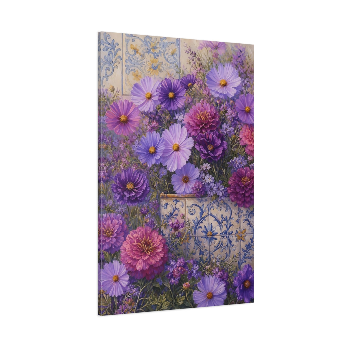 Side Mockup 1. Floral Purple Flowers Purple Floral shown as stretched canvas wall art