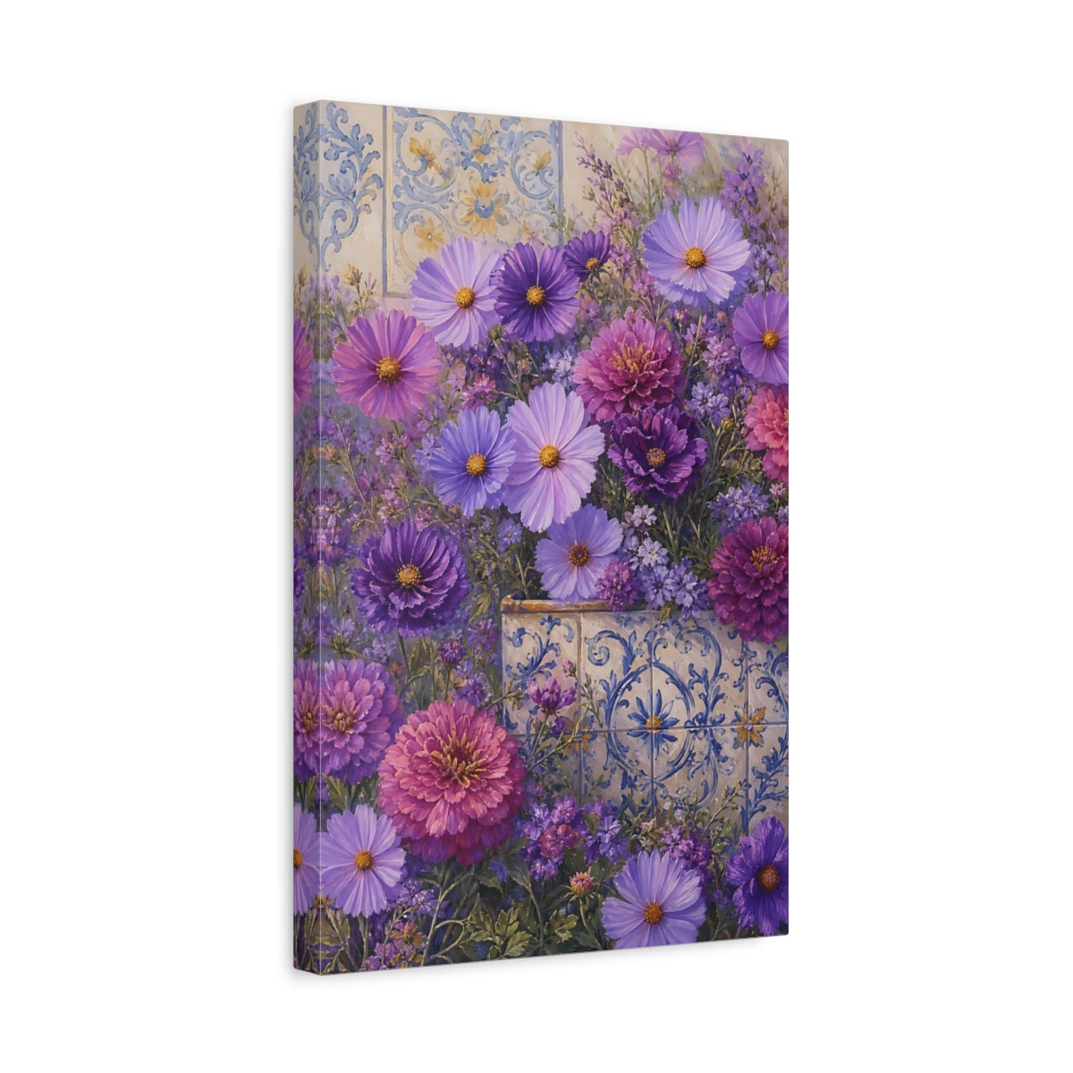 Side Mockup 4. Floral Purple Flowers Purple Floral shown as stretched canvas wall art