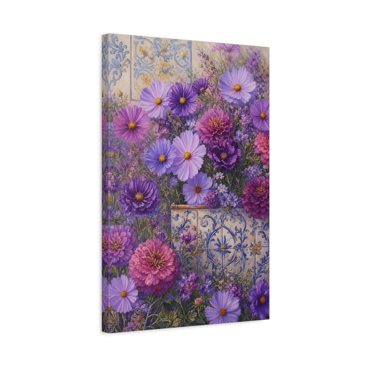 Side Mockup 3. Floral Purple Flowers Purple Floral shown as stretched canvas wall art