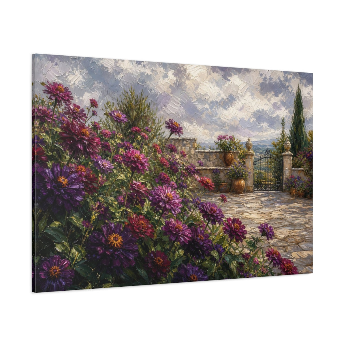 Side Mockup 1. Floral Purple Flowers Purple Garden Landscape shown as stretched canvas wall art