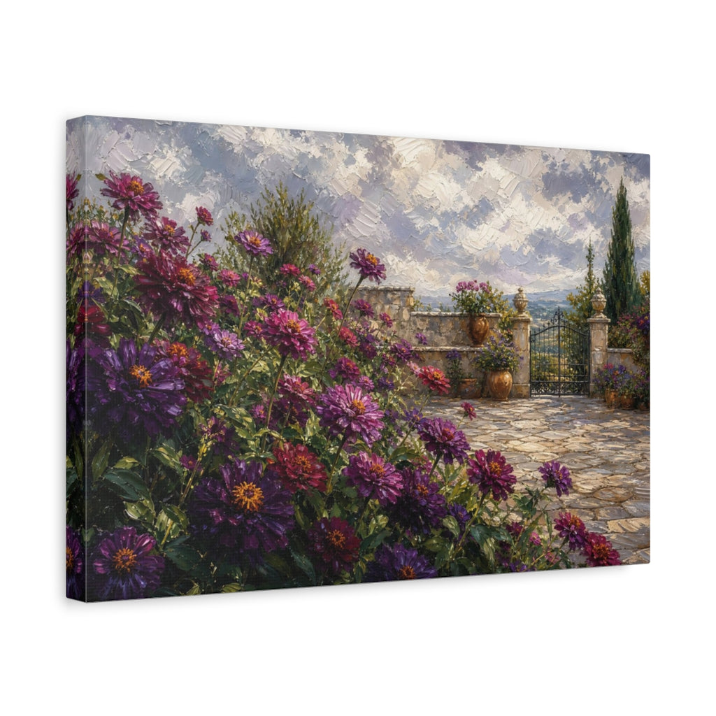 Side Mockup 4. Floral Purple Flowers Purple Garden Landscape shown as stretched canvas wall art
