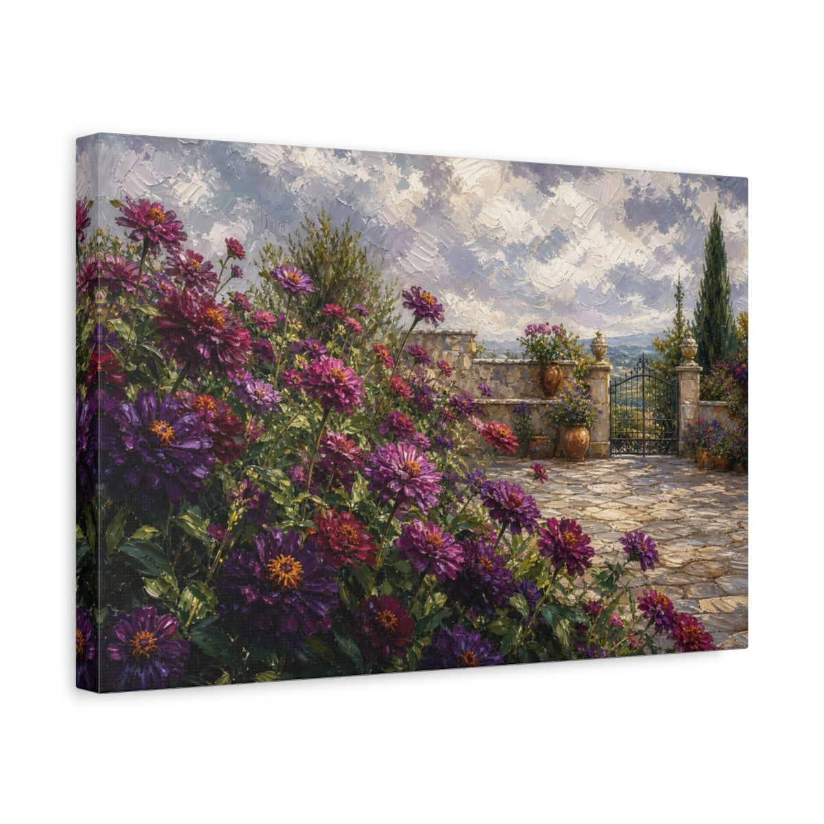 Side Mockup 4. Floral Purple Flowers Purple Garden Landscape shown as stretched canvas wall art