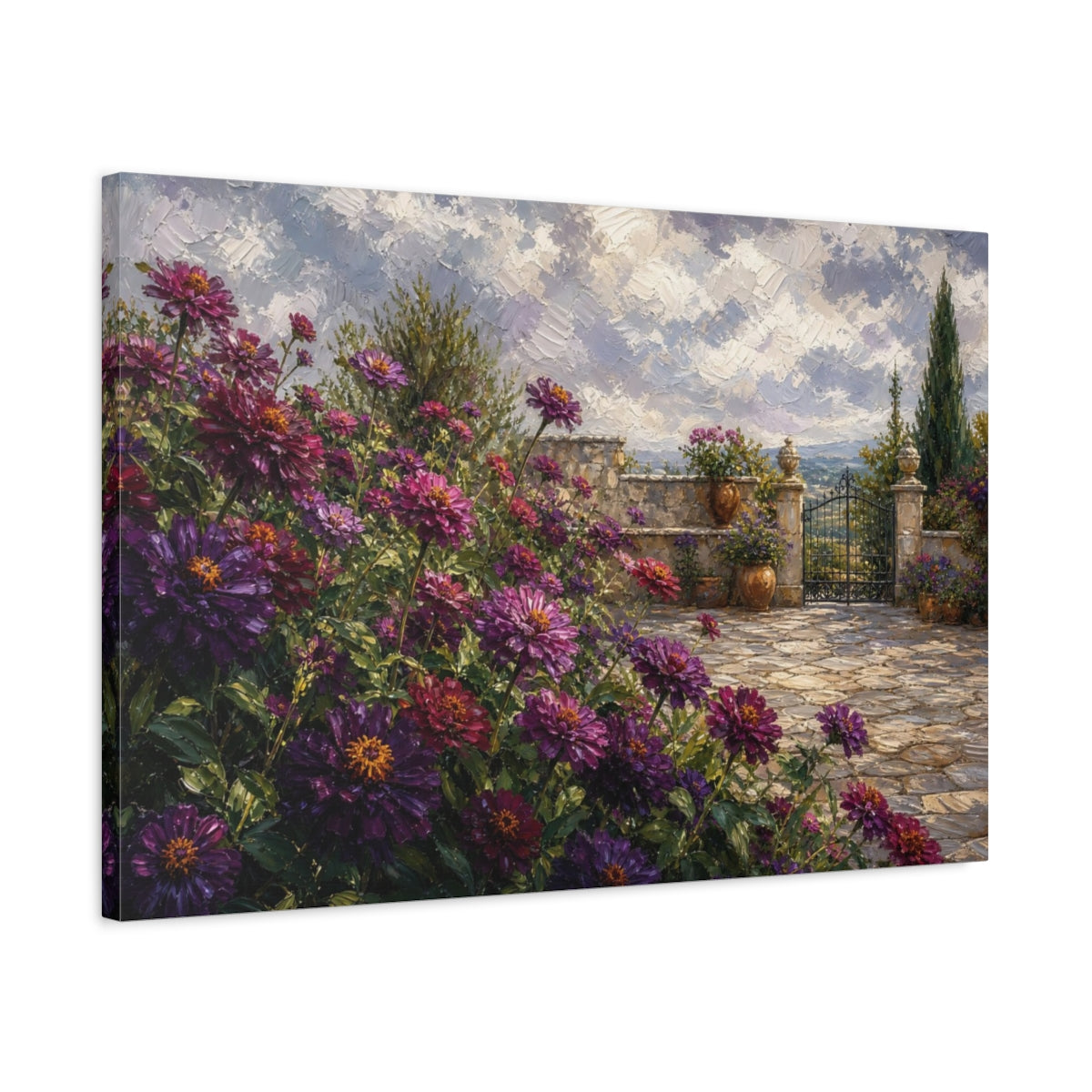 Side Mockup 2. Floral Purple Flowers Purple Garden Landscape shown as stretched canvas wall art
