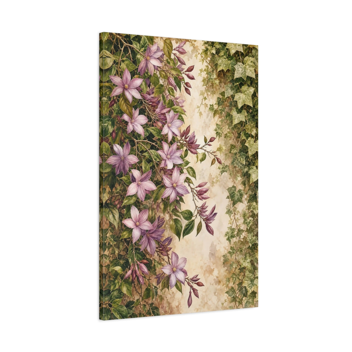 Main Mockup. Floral Purple Flowers Purple And Green shown as stretched canvas wall art