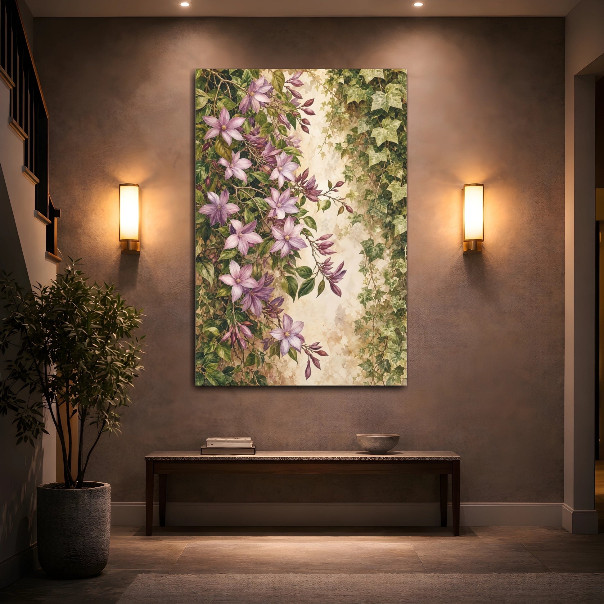 Mockup 2. Floral Purple Flowers Purple And Green shown as stretched canvas wall art