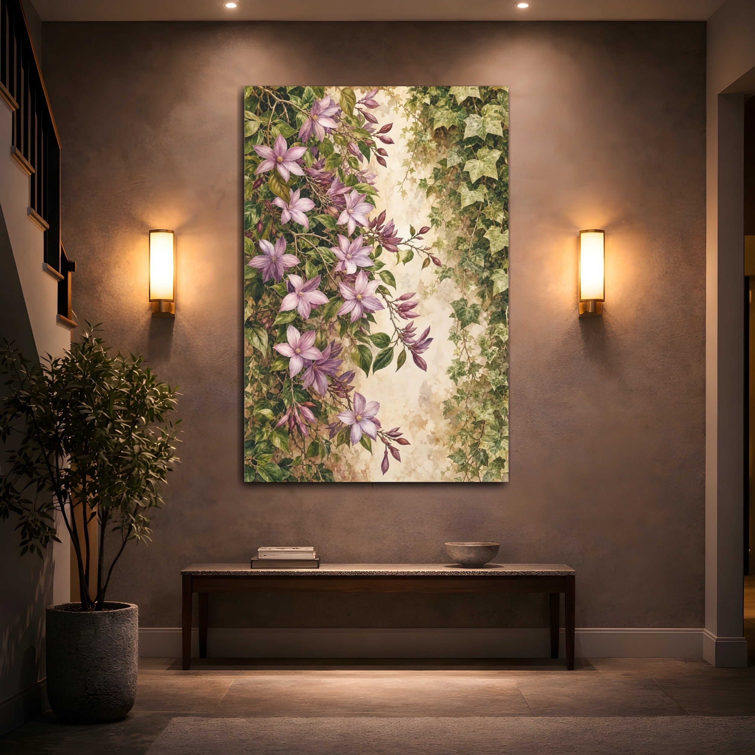 Mockup 2. Floral Purple Flowers Purple And Green shown as stretched canvas wall art