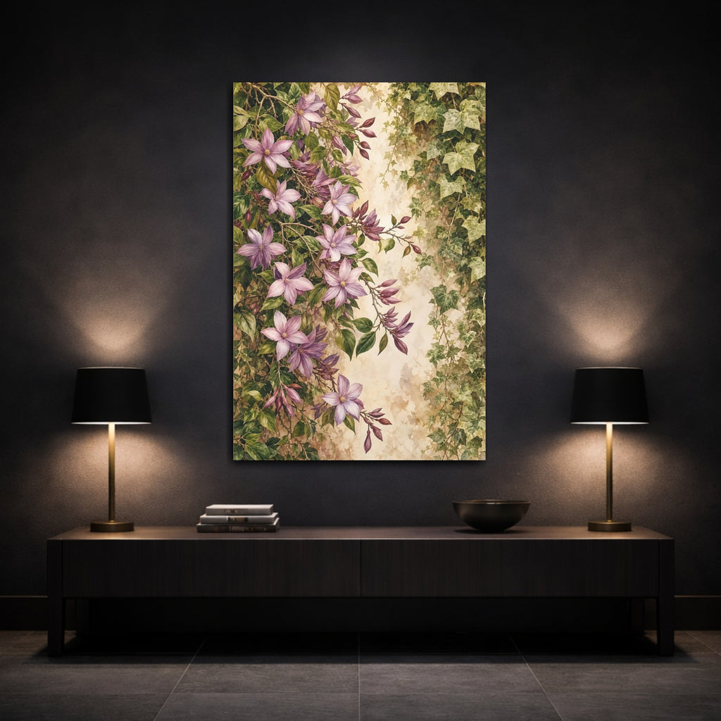 Mockup 3. Floral Purple Flowers Purple And Green shown as stretched canvas wall art