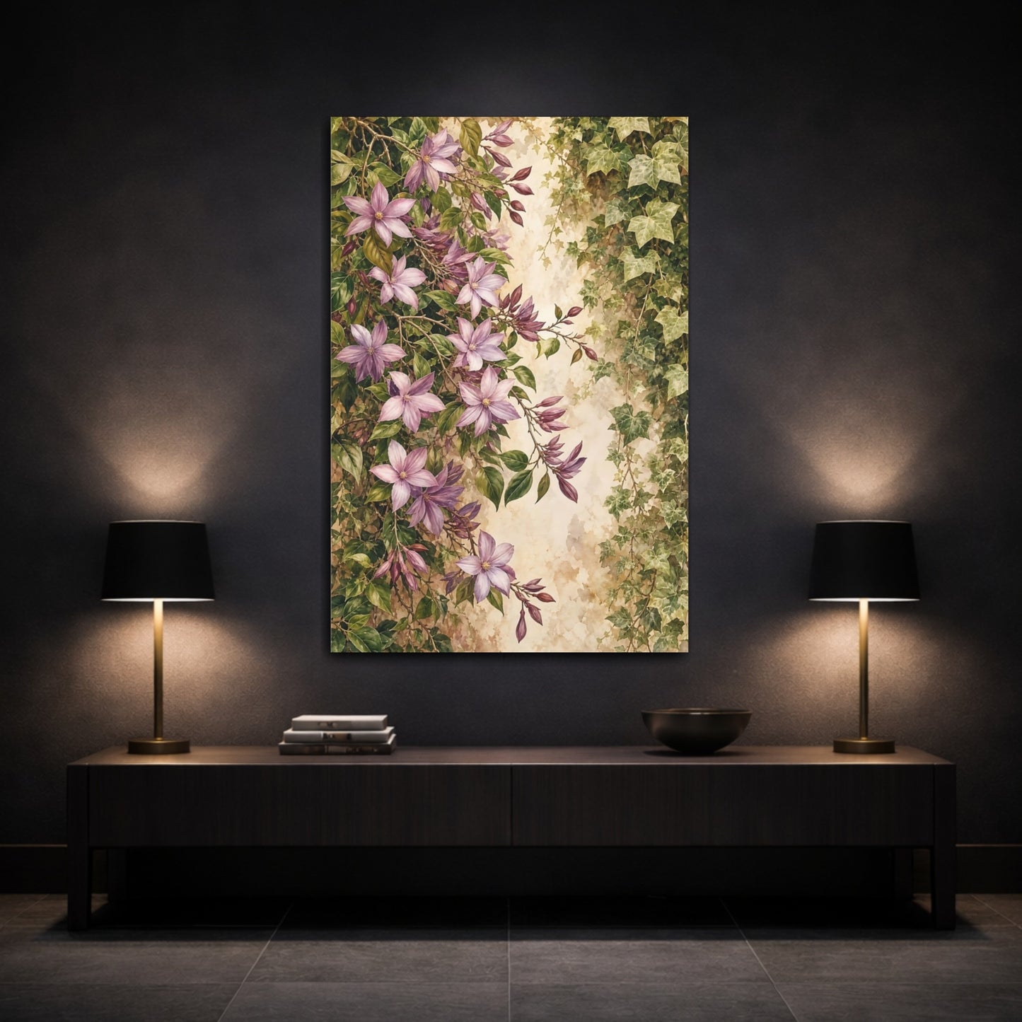 Mockup 3. Floral Purple Flowers Purple And Green shown as stretched canvas wall art
